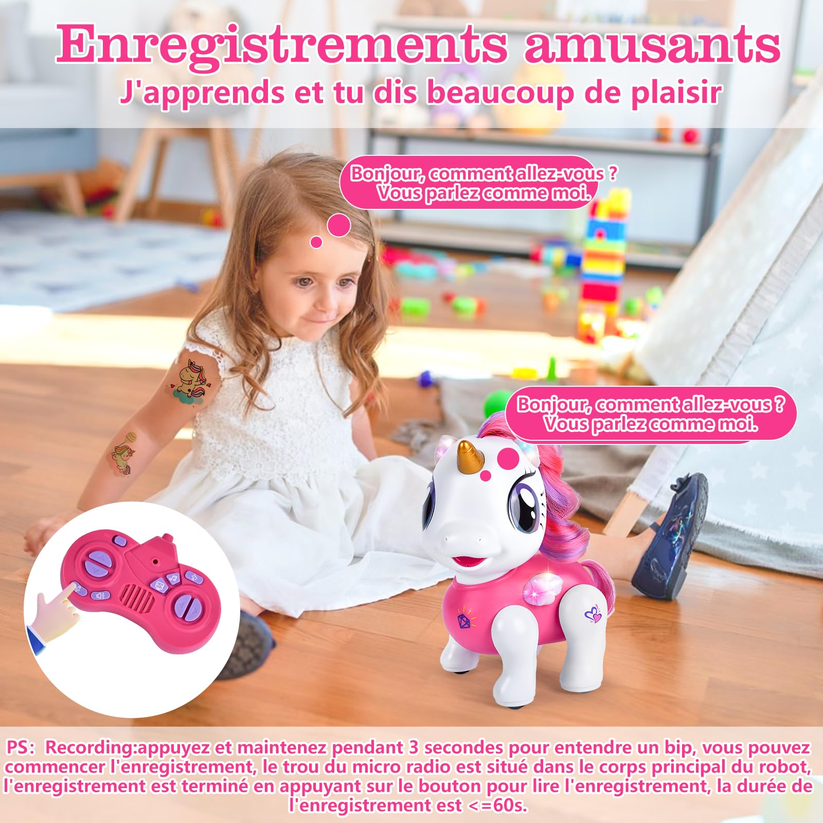 Joellfuner Licorne Jouet, Robot Telecommandé Enfant, Interactif Robot Fonction d'Enregistrement Programmable, Musique, Danse et Touchant, Licorne Jouets pour Filles 3+ Cadeaux