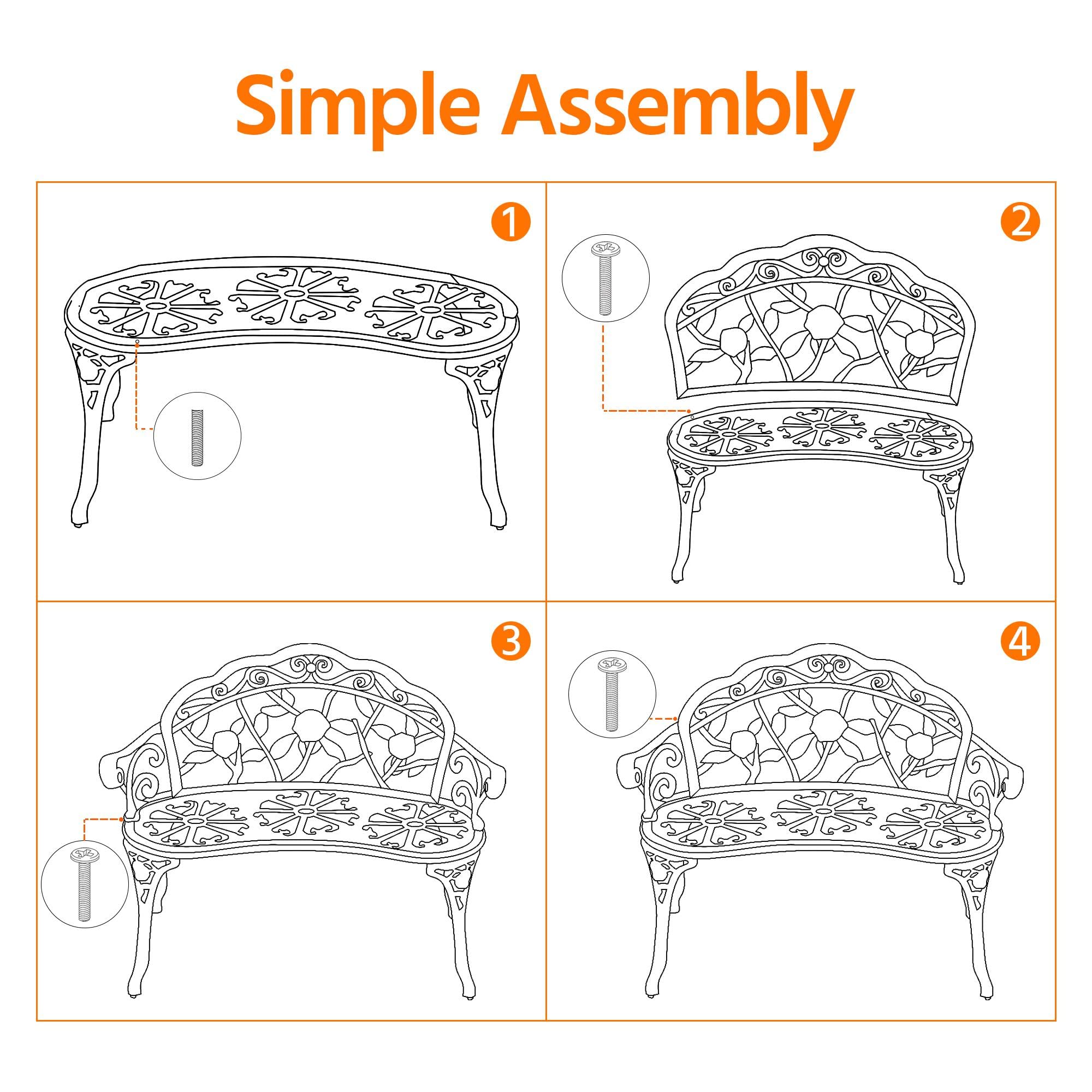 Diagram showing four steps for simple assembly of the patio bench