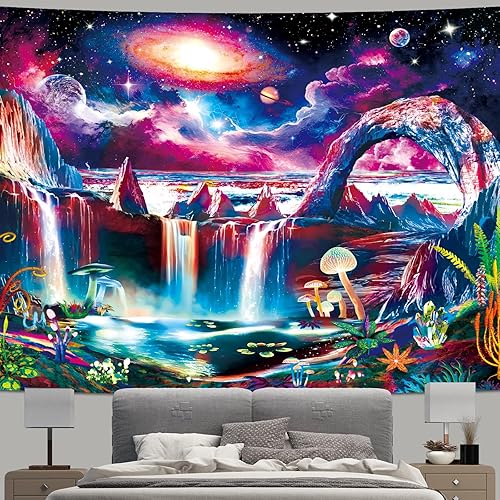 Miniatura 10 de Tapiz de luz negra, galaxia y planeta, tapiz reactivo a los rayos UV, tapiz de cascada de montaña para dormitorio, estético, ola misteriosa, lago,