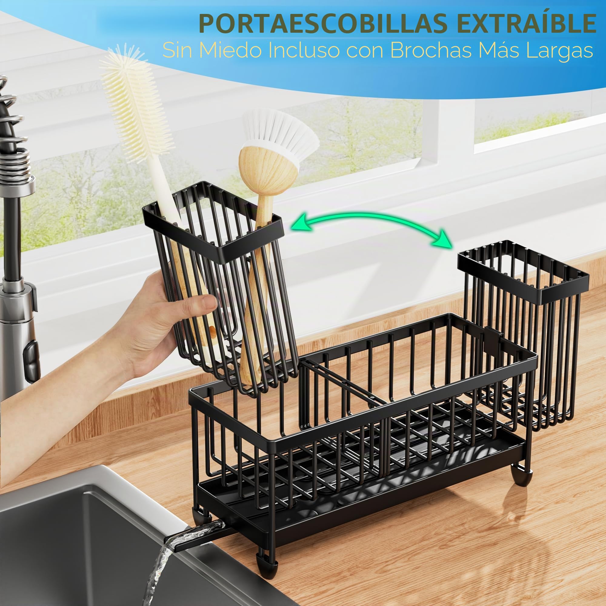 Cisily Portaesponjas para fregadero de cocina, organizador de fregadero con soporte alto para cepillos, acero inoxidable 304, divisor para jabón y almacenamiento del dispensador, negro