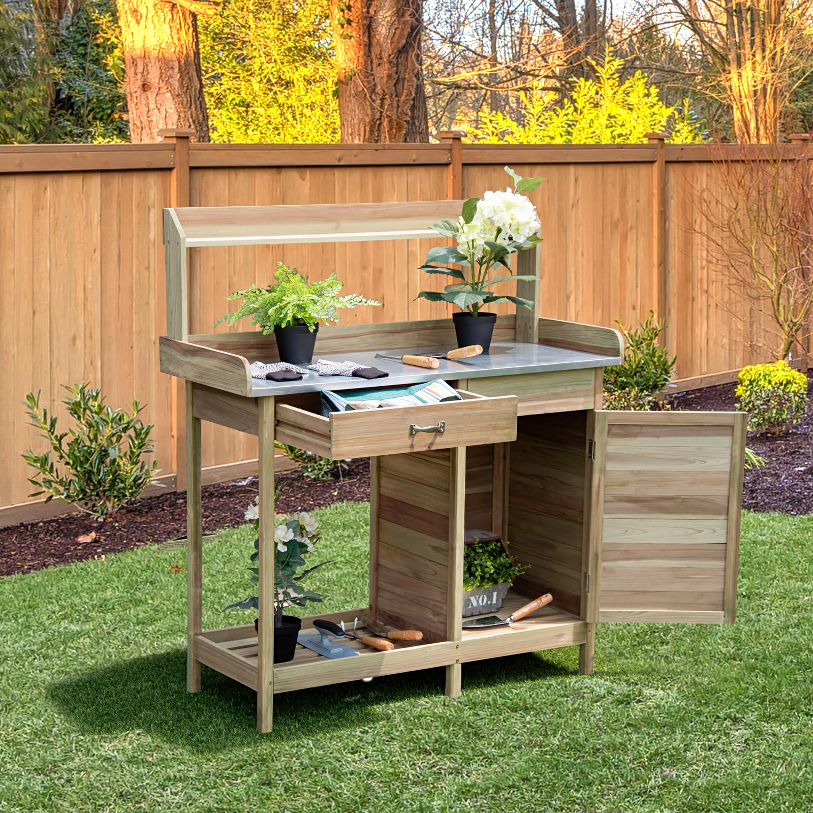 HOMASIS Tavolo da Giardino per Piante in Legno, Banco da Lavoro con Cassetto, Armadietto e Piano in Metallo, Mobile da Esterno per Giardinaggio da Balcone, Patio, Terrazzo, 112 x 46 x 125cm
