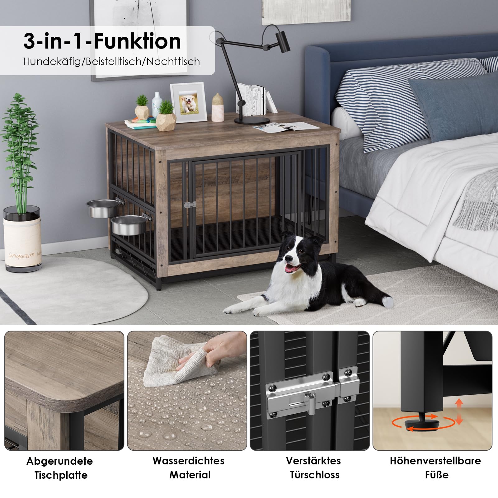 Jaulas para Perros, 93x64x58cm, Jaula Perro Grande para Casa de Madera, Dog Crate con 2 Comederos y Puertas para Perros, con Bandeja Extraíble, Jaula para Perros Medianos Pequeños hasta 40kg, Gris