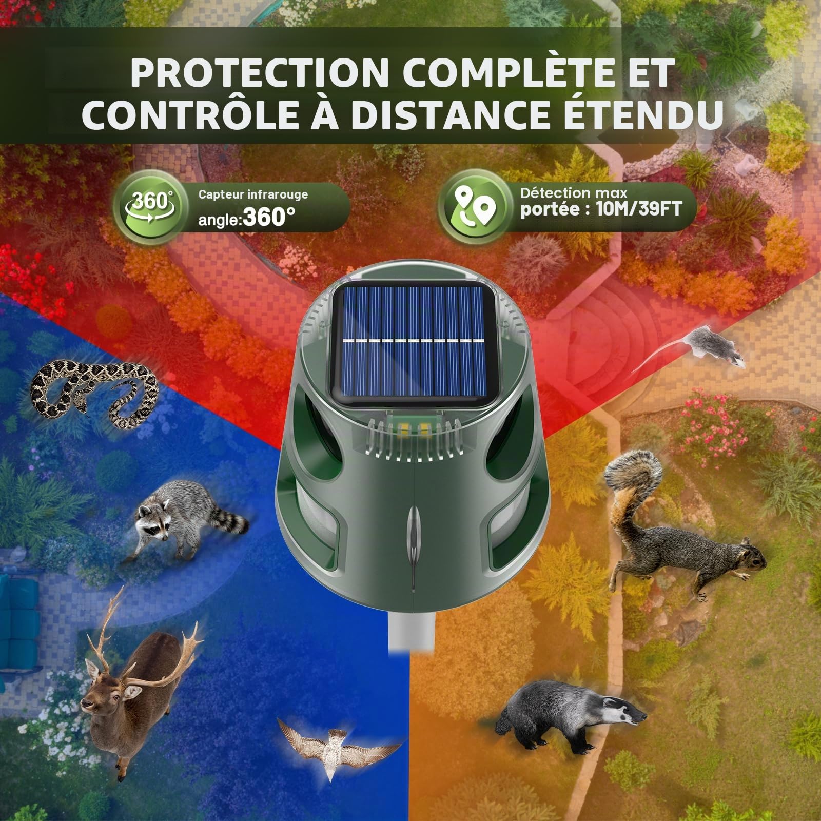 Ultrason Chat Exterieur, Repulsif Chat Ultrason, 5 Modi Einstellbar Marderschreck, Solarladung Ultrason Chat Exterieur, 360° Effektiv für Katzen, Hunde, Vögel, Mäuse