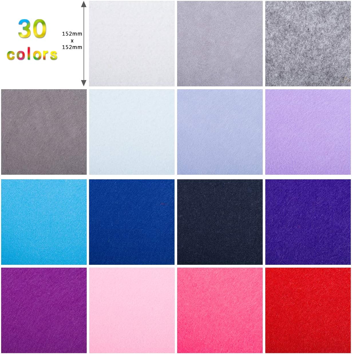 Naler 30 Pieces 6" x 6" Assorted Color Felt Fabric Sheets DIY Craft Patchwork Sewing Squares, 1mm Thick, 30 Colors