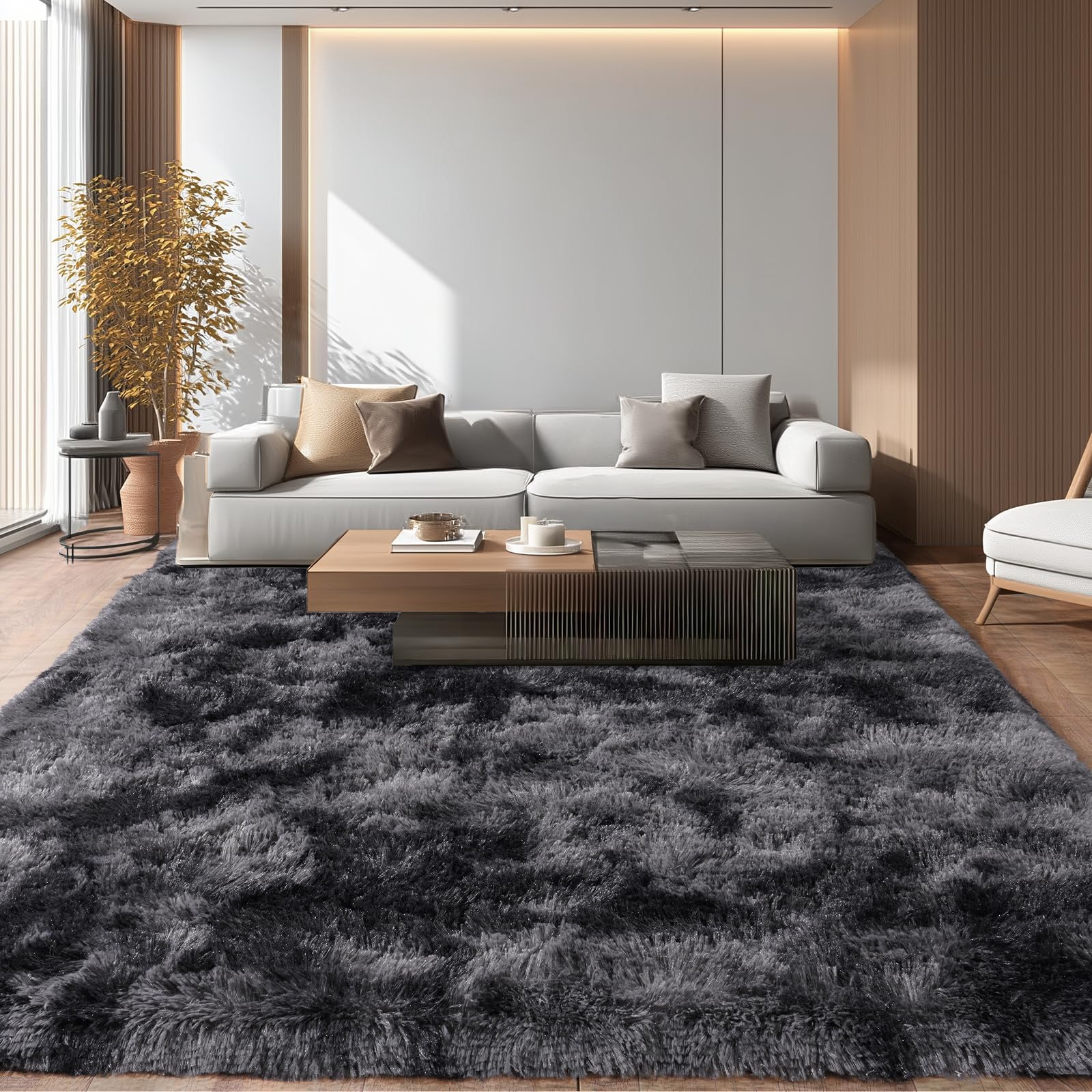 iEvery Large Rugs for Living Room 200x300 cm - Fluffy Shaggy Area Rug for Bedroom, Soft Non Slip High Pile Modern Floor Carpet for Kids Room, Black and Grey