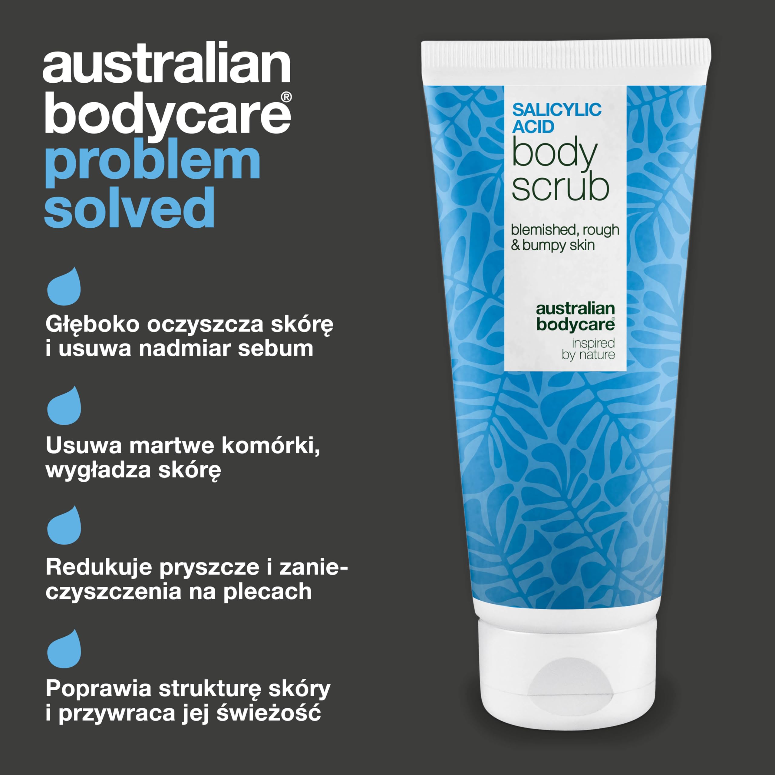 Peeling do ciała z kwasem salicylowym na trądzik, zaskórniki i niedoskonałości na plecach, pośladkach i ciele – usuwa martwy naskórek dzięki kwasom salicylowym (BHA) i glikolowym (AHA) oraz gliceryną