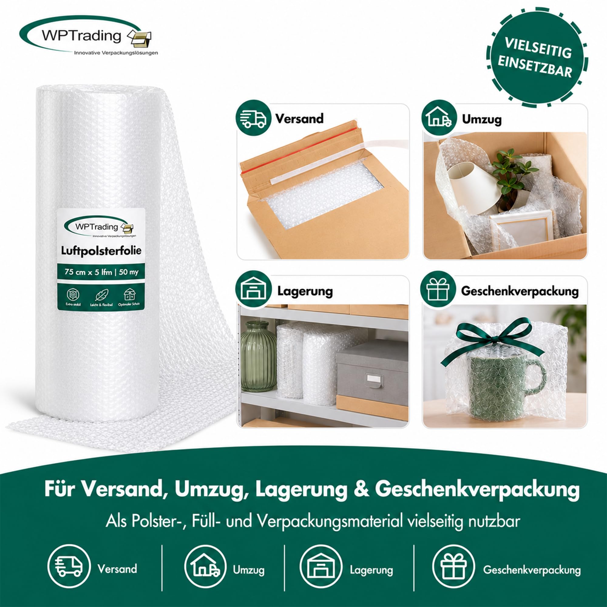 9 x Rolle Luftpolsterfolie 75 cm x 5 m (2-lagige mit 50 my) - Noppenfolie 75cm breit mit Noppenhöhe 5 mm - Stoßdämpfende Verpackungsfolie reißfest & transparent für Versand & Umzug