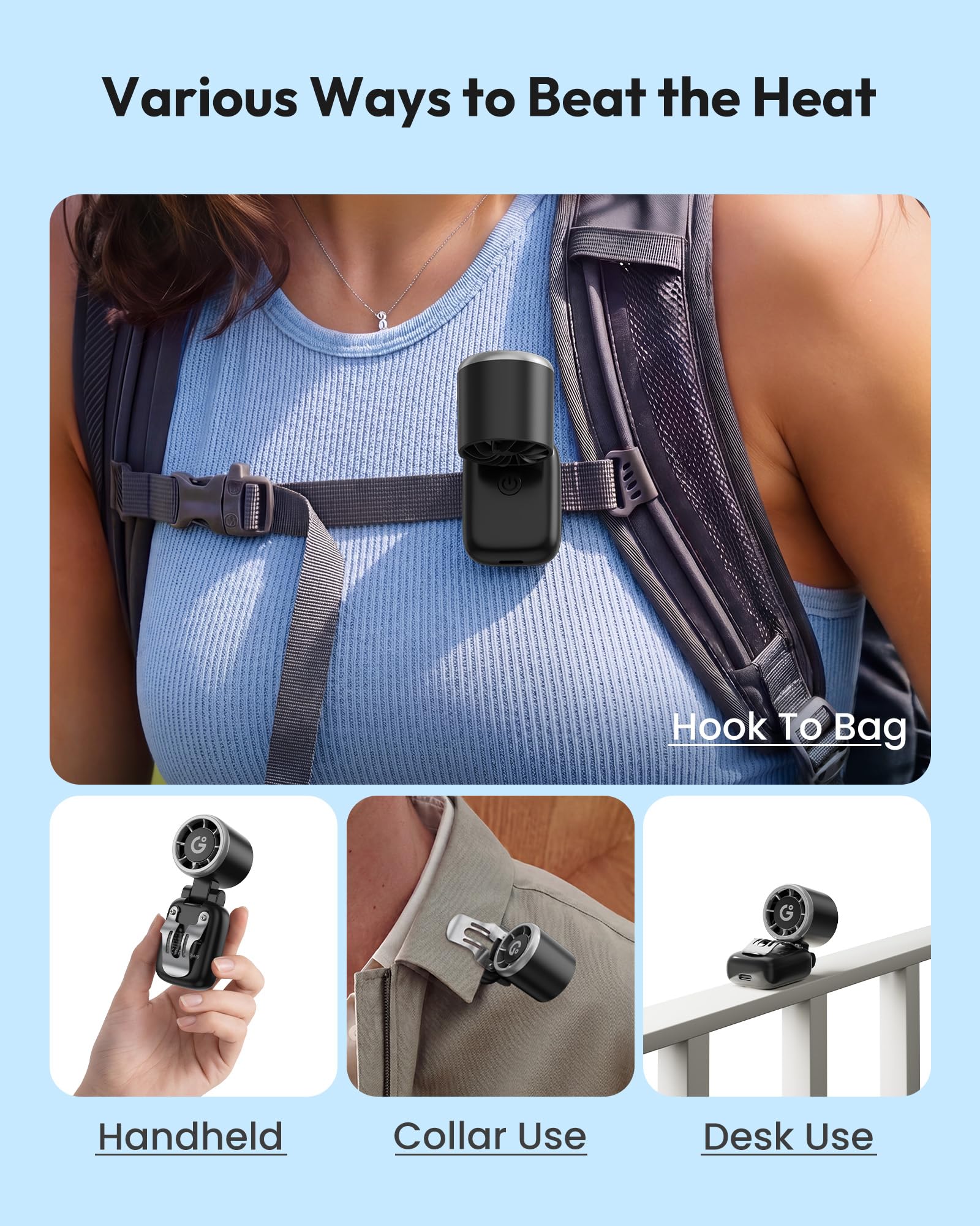 gaiatop Ventilatore a clip per cappello, ventilatore turbo portatile a 3 velocità, mini ventilatore a mani libere, pieghevole a 180°, ventilatore personale per golf all'aperto, viaggi, (nero)