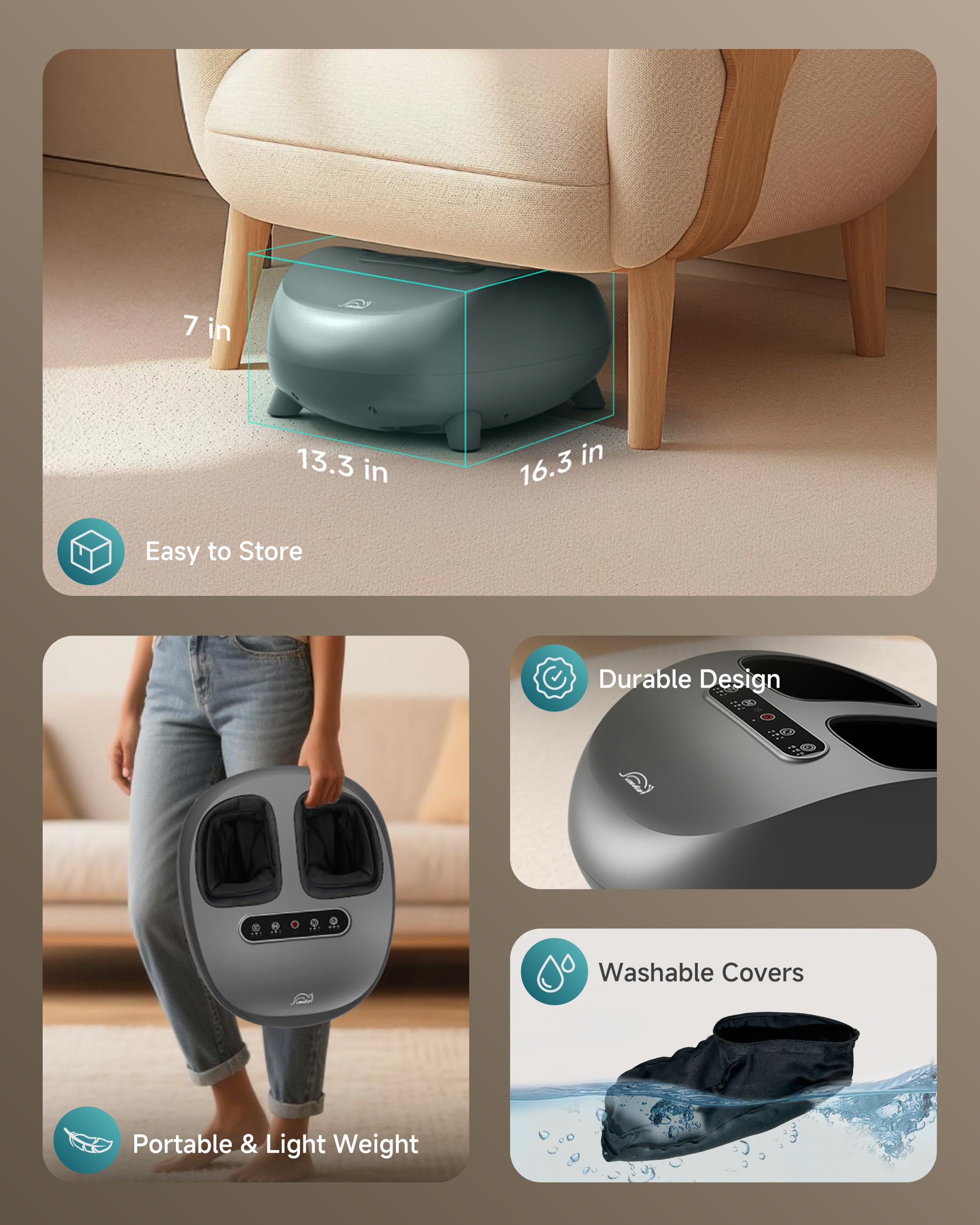 Snailax Shiatsu Appareil de massage électrique pour les pieds, masseur de pieds avec chaleur pétrissage en profondeur rouleaux compression pour la fasciite plantaire, cadeaux, pointure 48