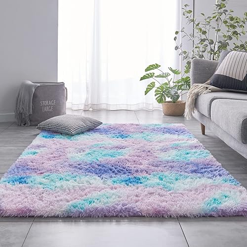 Miniatura 2 de TABAYON Alfombra de lujo de 3 x 5 pies, rectangular, de felpa, teñida con nudos, color morado claro, alfombras peludas antideslizantes para