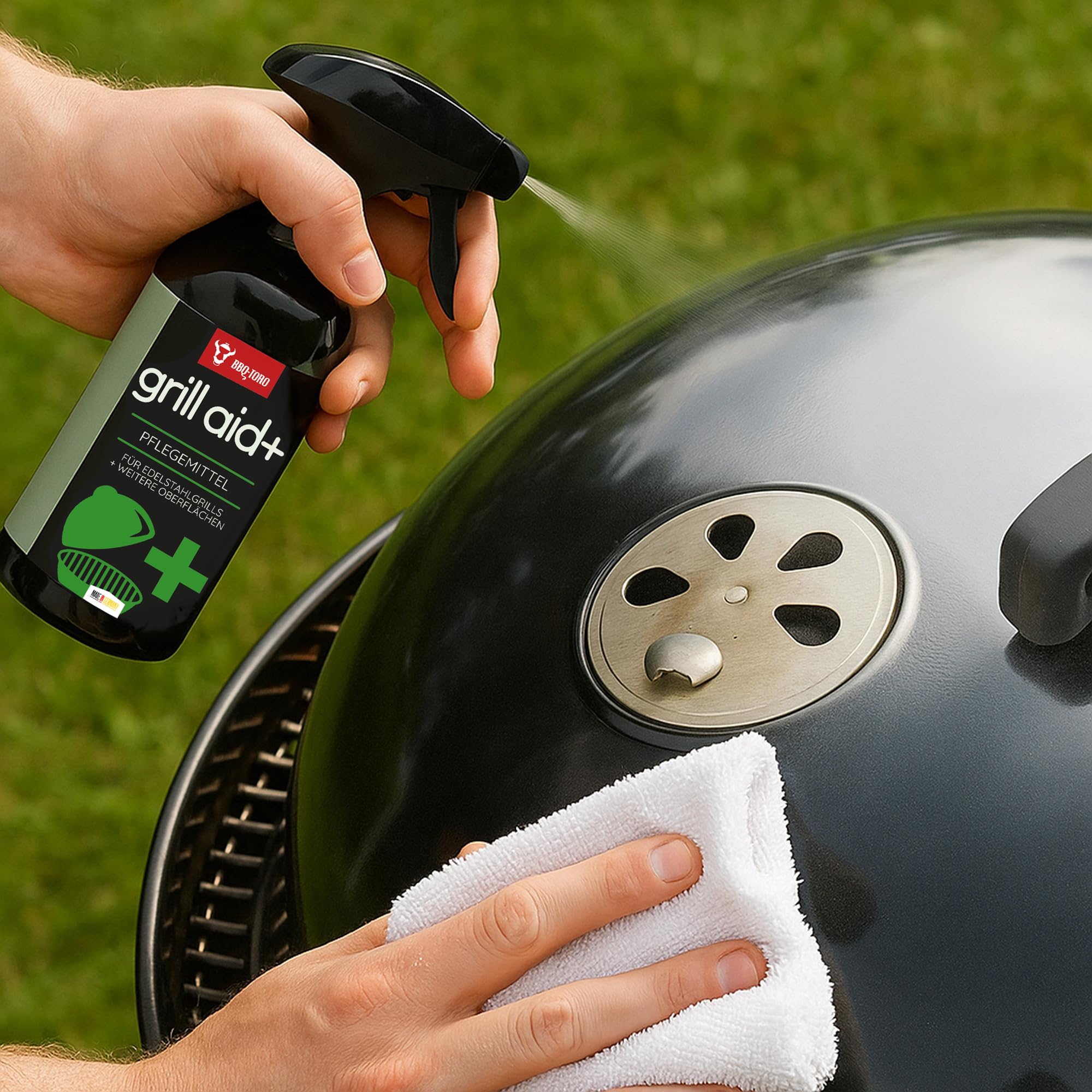 BBQ-Toro 6-częściowy uniwersalny zestaw do pielęgnacji grilla ze szczotką do grilla i skrobakiem | środek czyszczący Aggro, środek do czyszczenia grilla, spray do pielęgnacji grilla aid+, spray