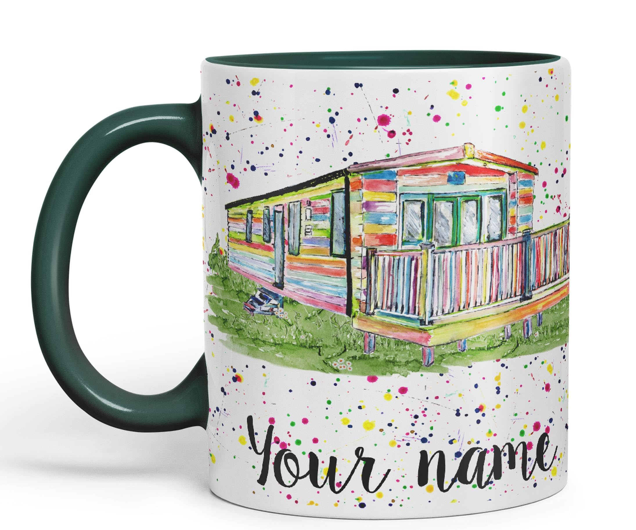 Vixar Personalised with Your Text Watercolour Caravan Static Holiday Homert Coloured Ceramic Mug Cup Gift 330ml 11oz Custom Work Office Tea Coffee (D Green)