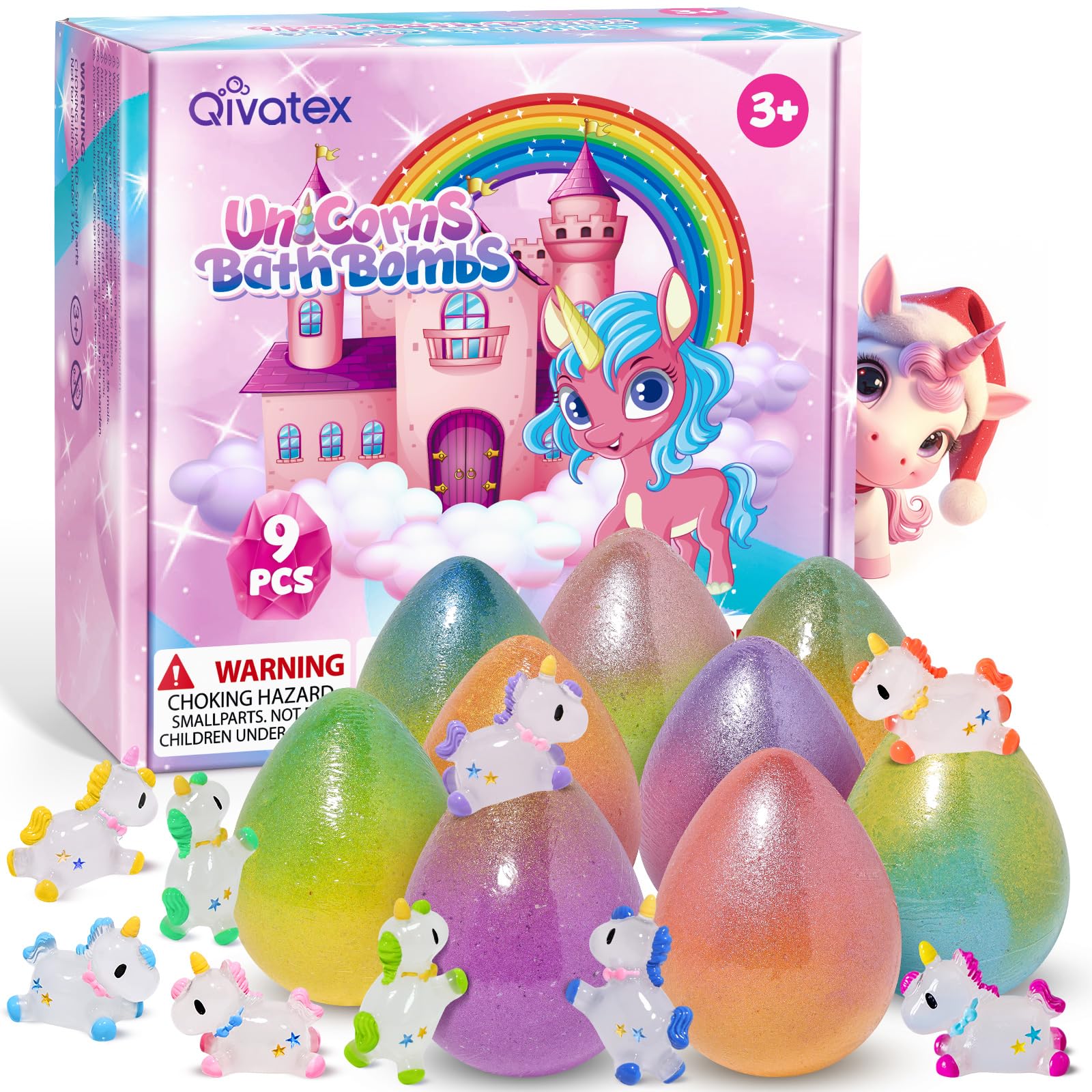 Qivatex Einhorn Badebomben mit Überraschungsspielzeug, 9 Pack Schaum badebomben Geschenkset für Kinder, Geburtstagsgeschenke für Mädchen Ostern Geschenke (36+ Monate)