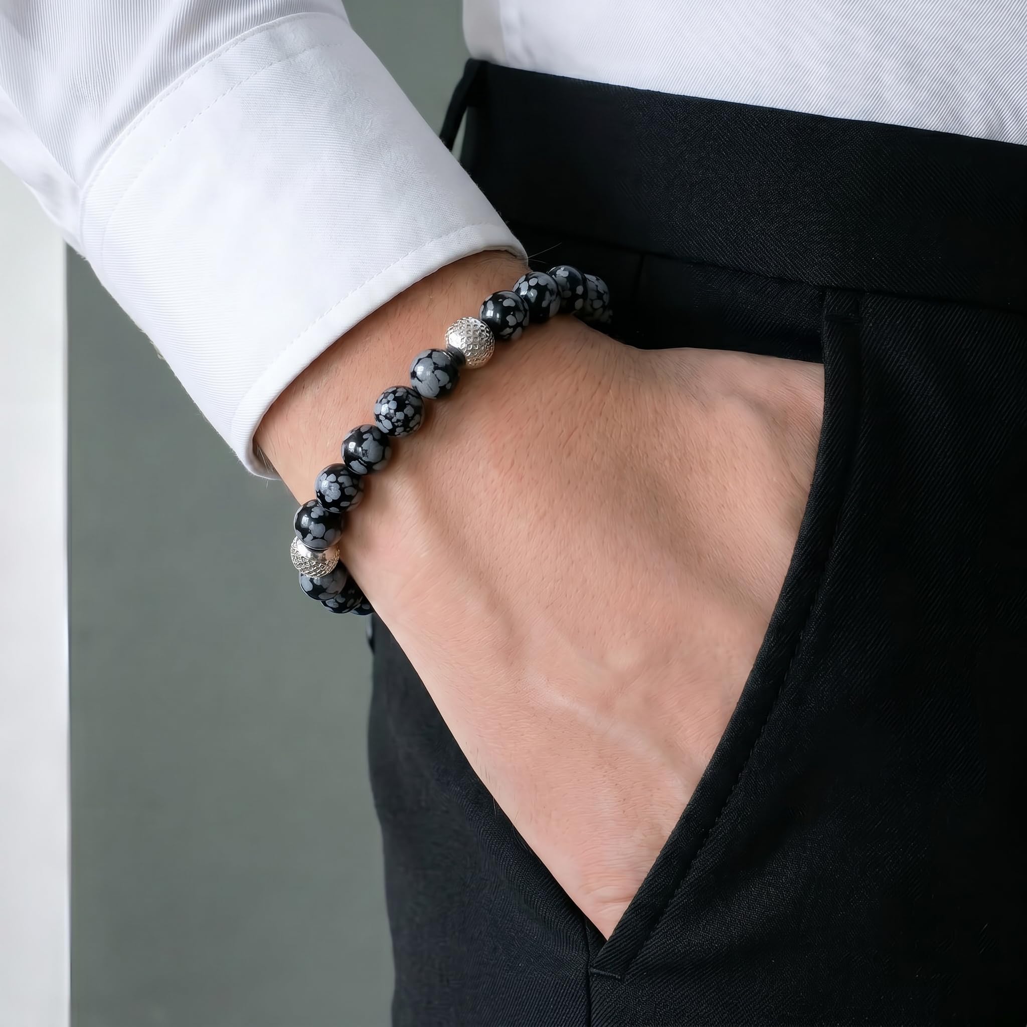 10:10 Bracciale con pietre naturali ossidiana da 6 mm, beads in acciaio inox, bracciale molto resistente prodotto in Italia