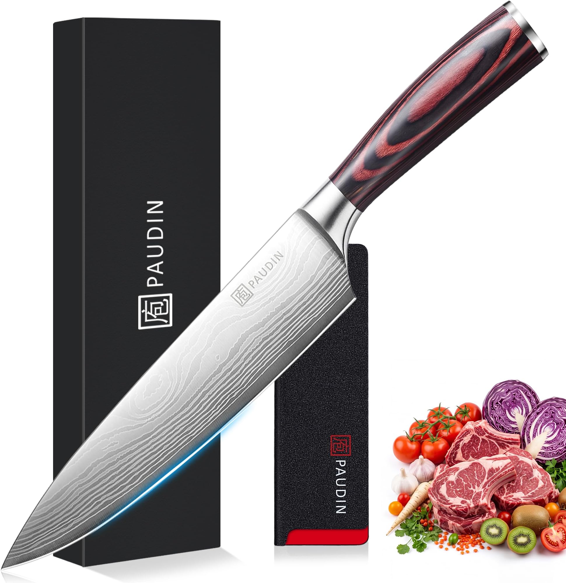 PAUDIN Chef Knife, 8 Inch High Carbon Stainless Steel Sharp Kitchen Knife with Ergonomic Handle, Gift Box for Family & Restaurant
