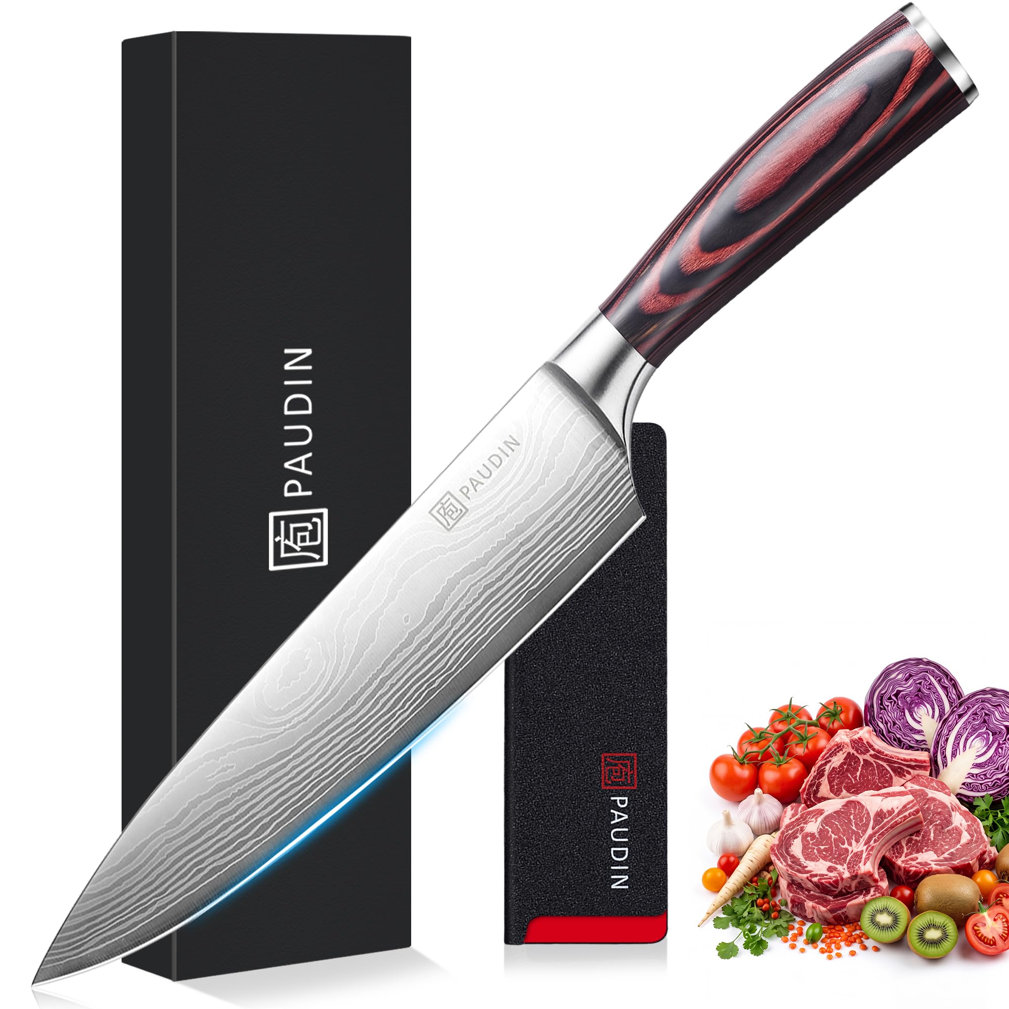 [BRSWGEACO4IAEGY6] PAUDIN Chef Knife, 8 Inch High Carbon Stainless Steel Sharp Kitchen Knife with Ergonomic Handle, Gift Box for Family & Restaurant