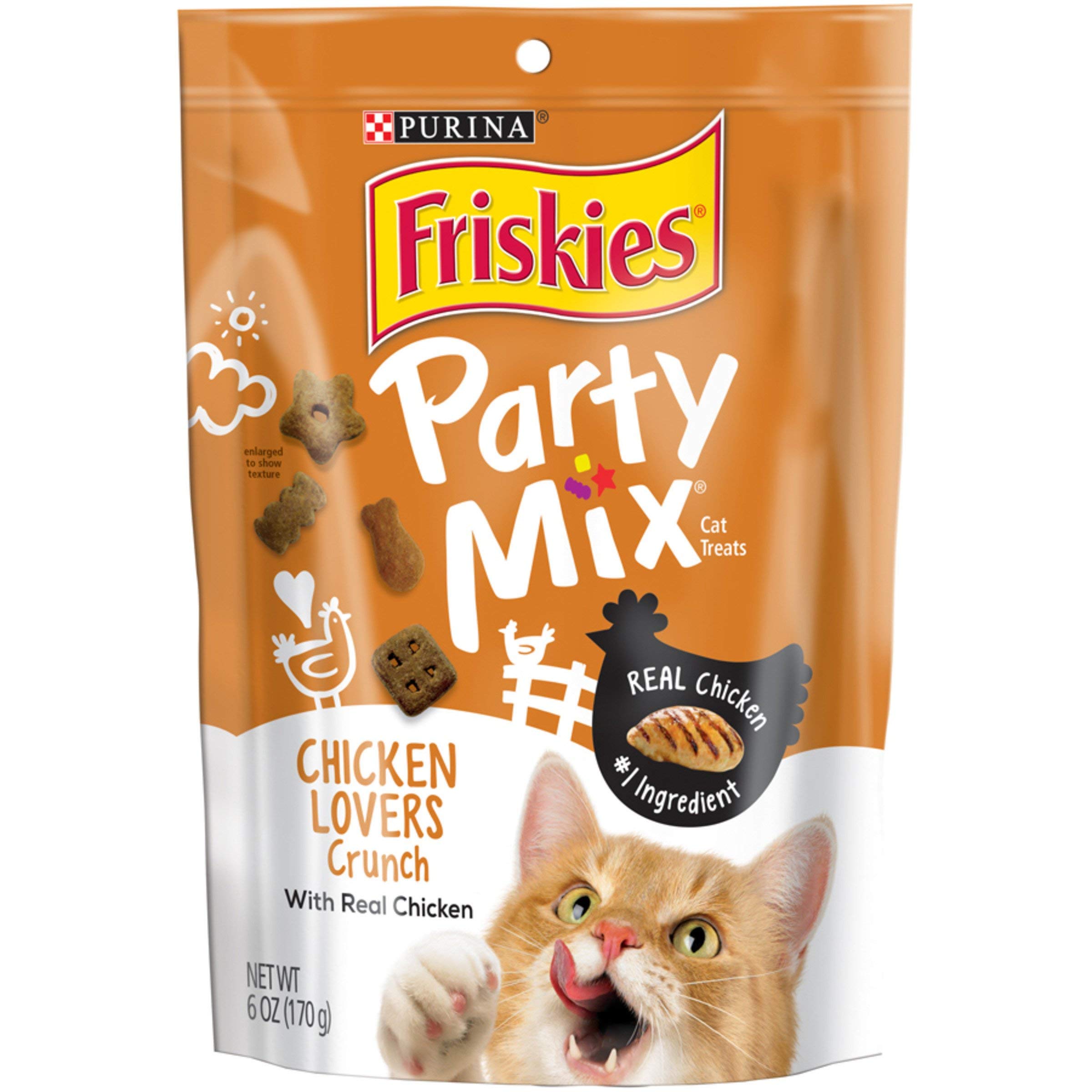 Purina Friskies Made in USA Facilities Cat Treats, Party Mix Chicken Lovers Crunch - (6) 6 oz. Pouches