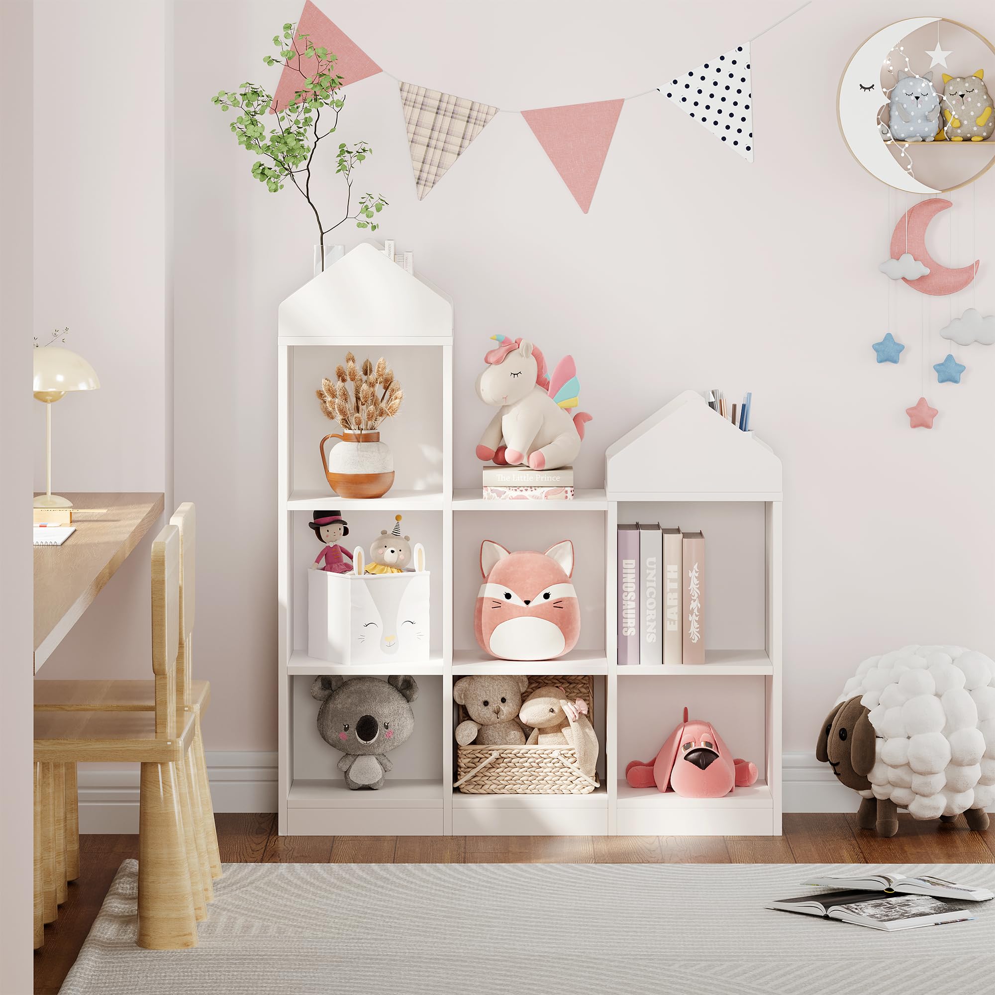 Litake Scaffale giocattoli bambini 9 scomparti 2 in 1 casetta libreria organizzatore bianco 92x30x108 cm