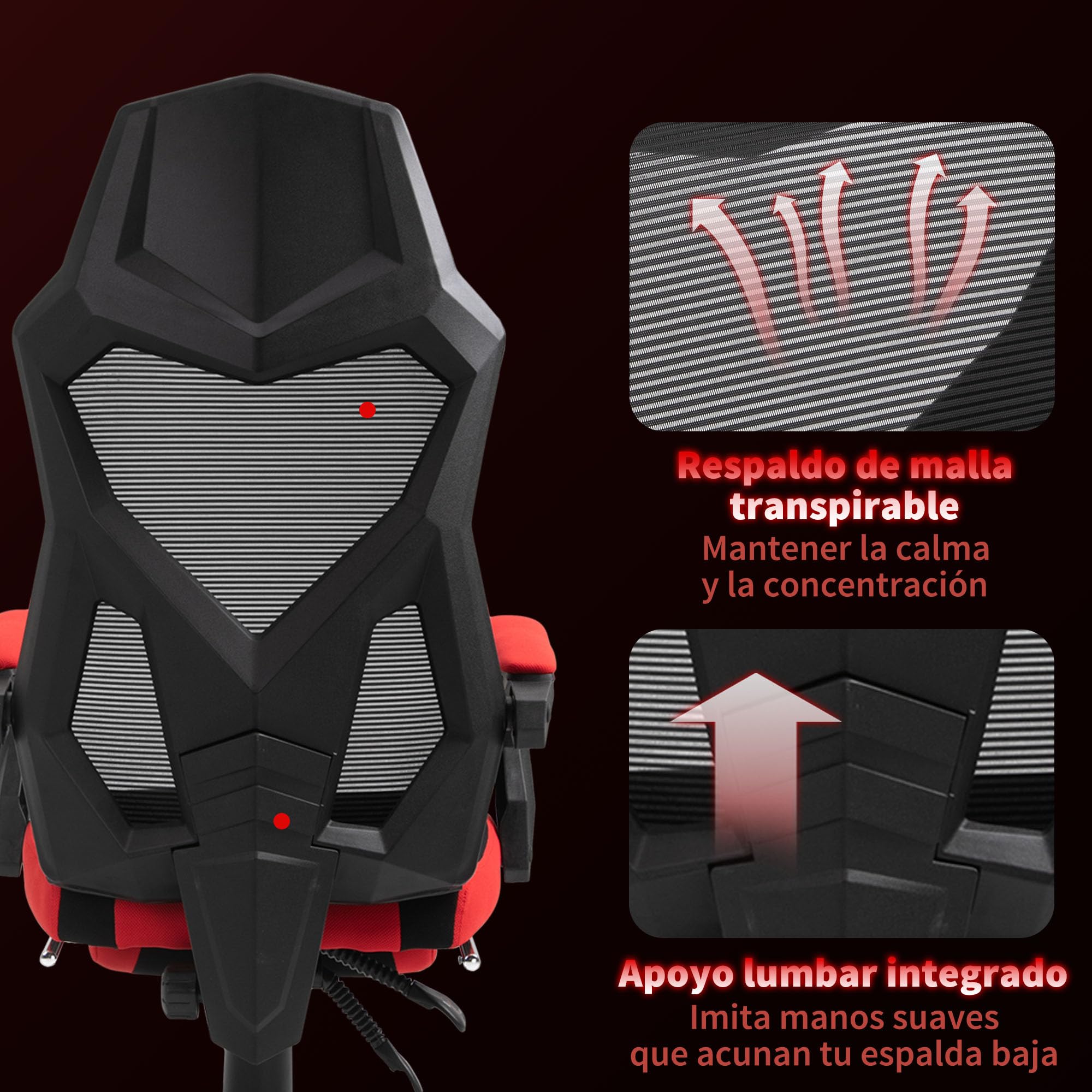 Vinsetto Silla Gaming Giratoria de Malla con Reposapiés Retráctil Rojo