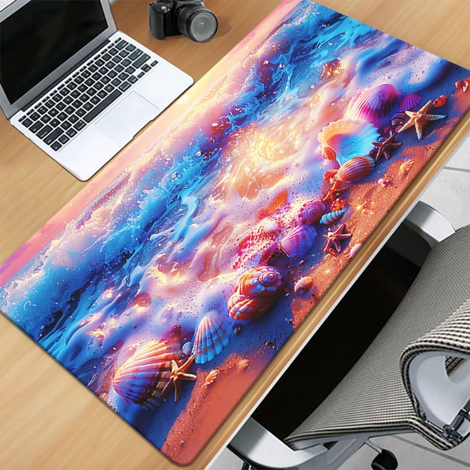 Alfombrilla de Ratón Gaming XXL 1000x500x3mm, Olas Playa Conchas | Alfombrilla Escritorio Grande Antideslizante, Superficie de Alta Precisión y Velocidad para Teclado, PC y Laptop