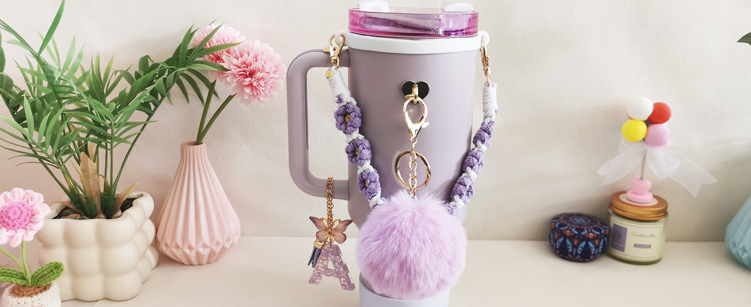 DiamondArtZone Stanley Tumbler Accessories Set - 10 Pc (Lanyard, Boot, Straw Cover, Charms) Light Blue/Purple
