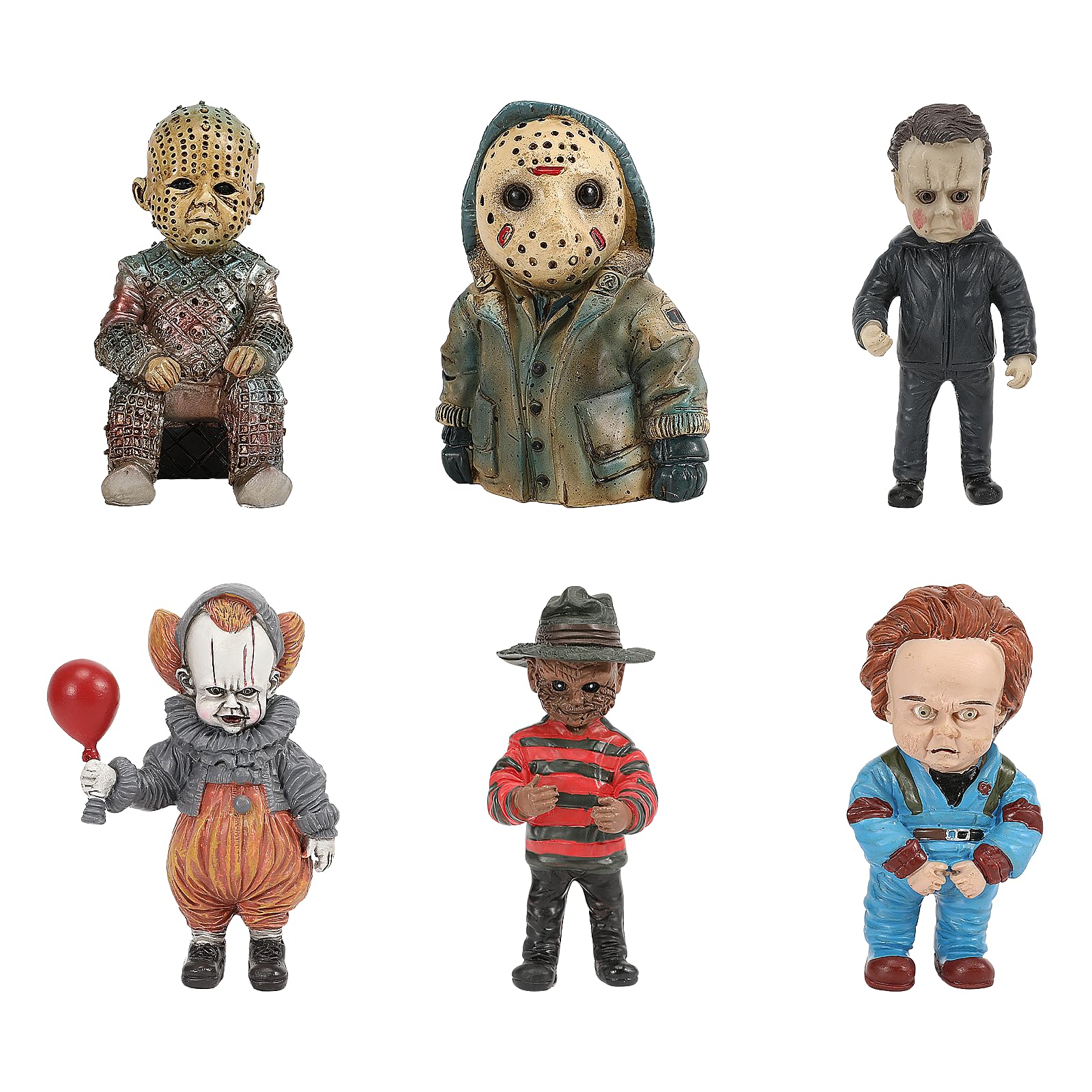 YYPLIAN Horror Movie Mini Figurine, 4 Inch Halloween Resin Statue Decor, Collectible Figurines for Horror Movie Lovers, Chucky Clown Michael Myers Freddy Pinhead Jason Home Decor (6 Pack)