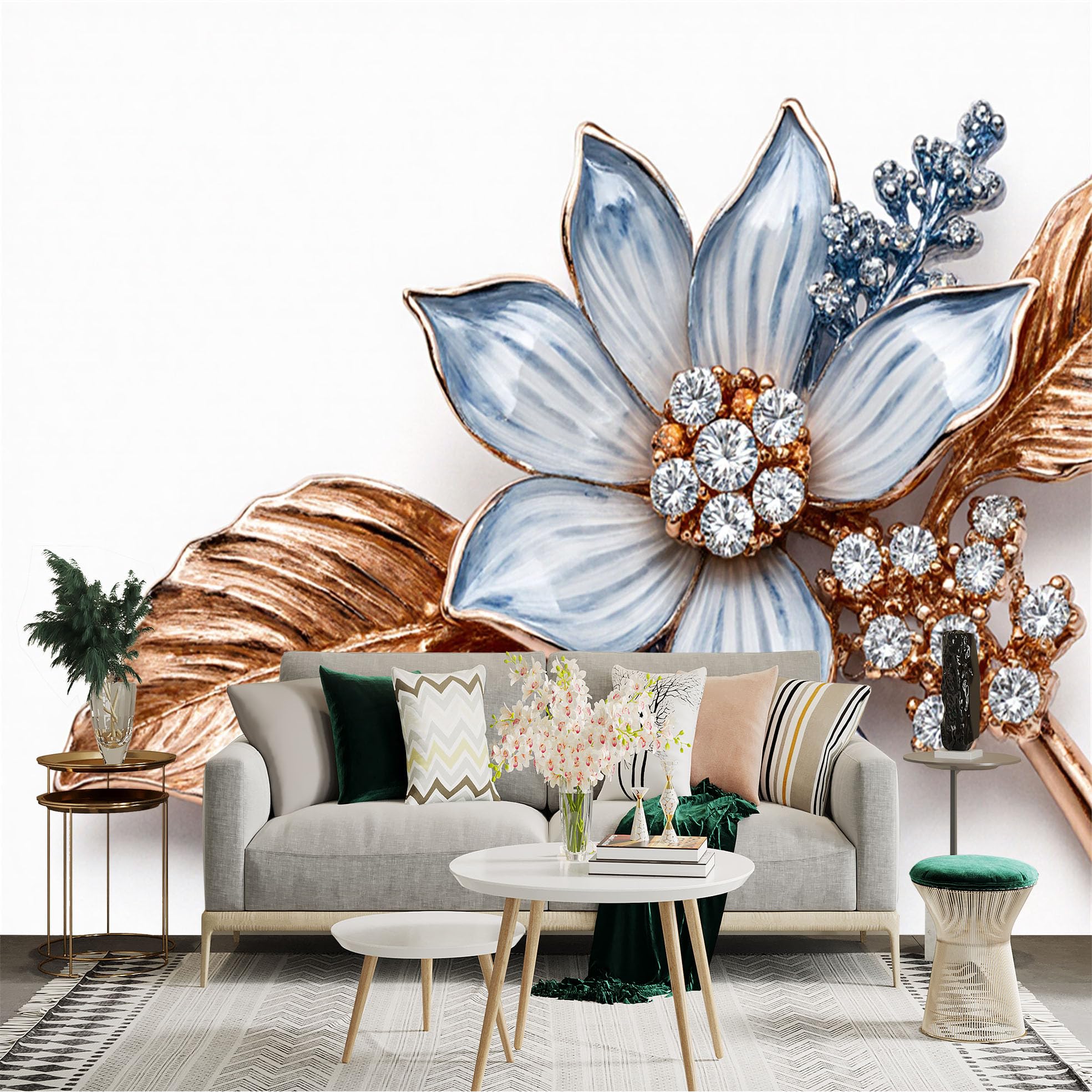 Custom Size Wall Sticker Mural， Elegant Blue Petals with Golden Leaves， Luxury Jewelry Art， Sparkling Crystal Bloom， for wall Decoration， peelandstick wall Decals.