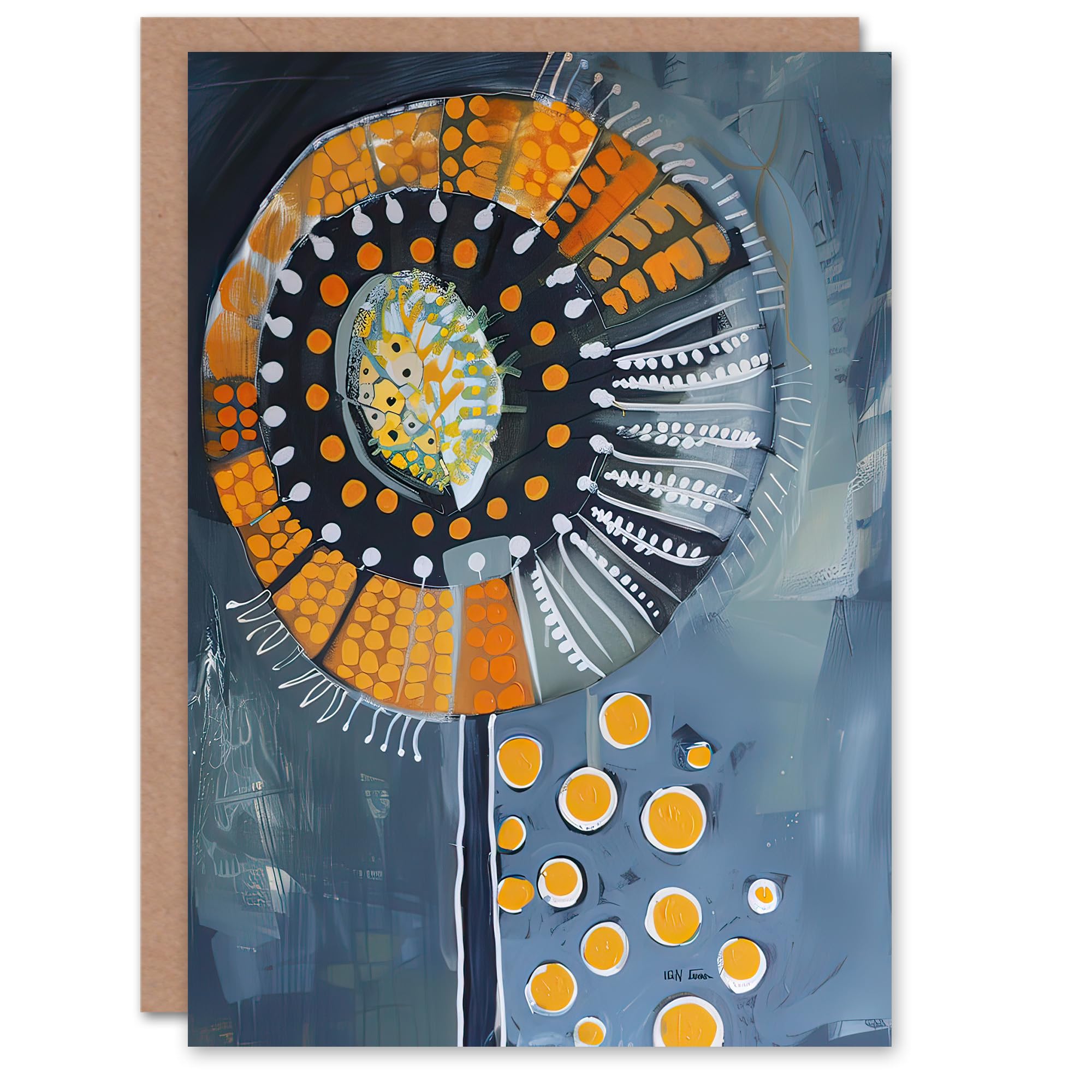 Artery8 Greeting Card Abstract Dandelion Orange Blue Floral Folk Art Blank For Him Or Her Art Birthday Card