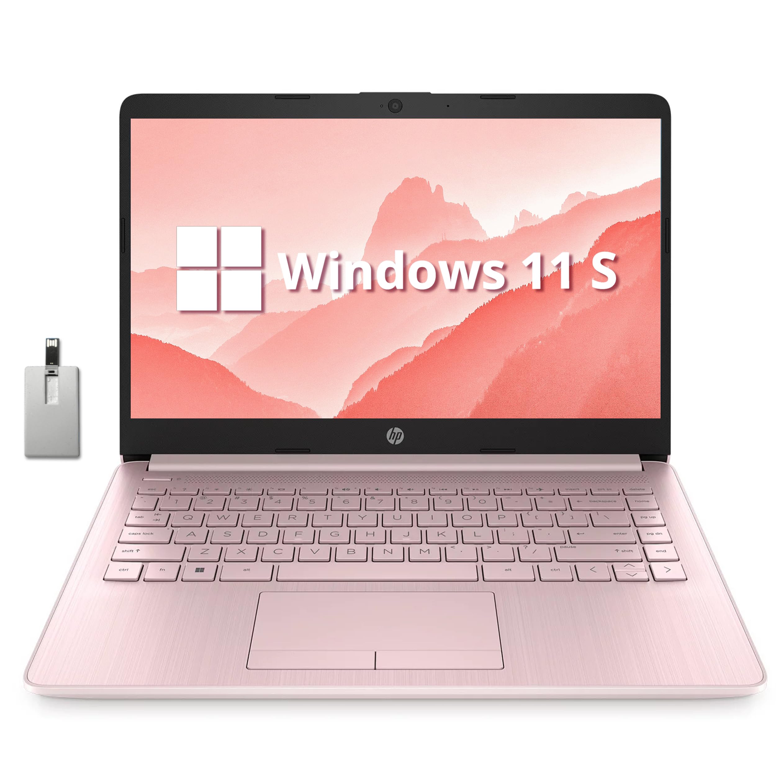 HP 2023 Premium 14" Stream HD Laptop, Intel Celeron N4120 CPU, 16GB RAM, 64GB eMMC, Webcam, Intel UHD Graphics, 1 Year Office, Bluetooth, WiFi, HDMI, Windows 11s, Pink, 32GB Hotface USB Card