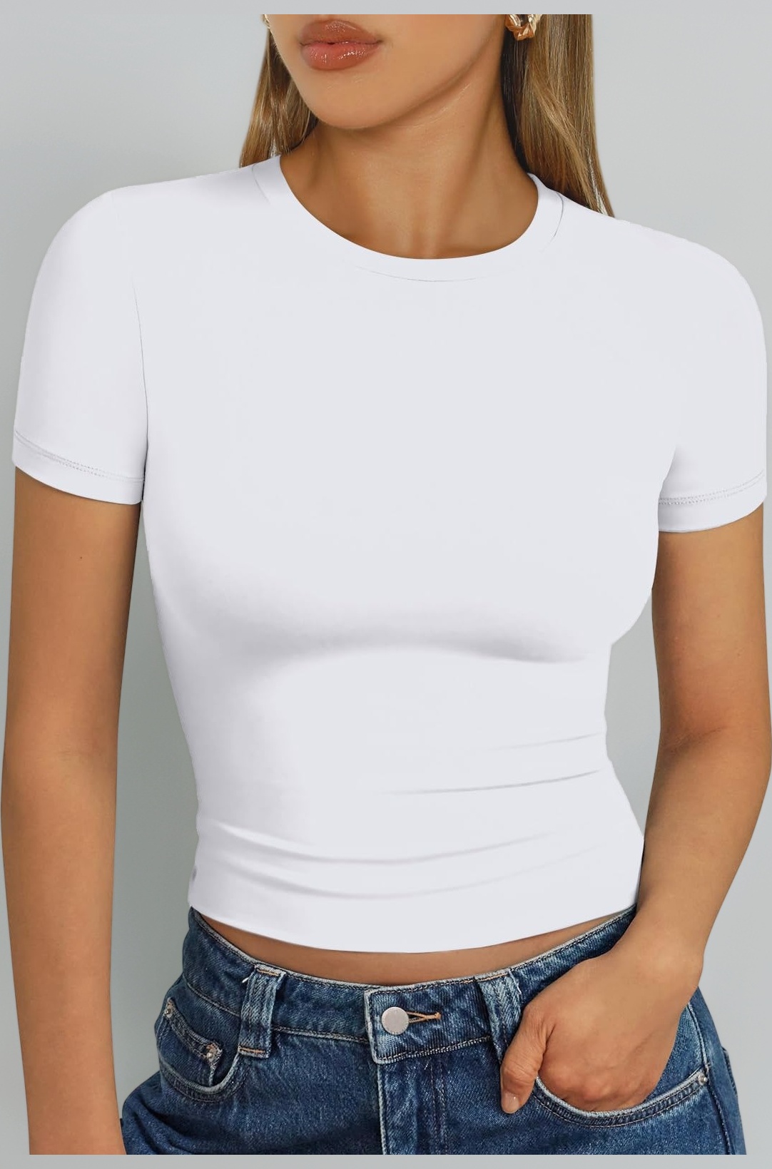 Womens Basic T-Shirts Scoop Neck Short Sleeve Crop Tops Cute Summer Tops Slim Fit Tees Y2k Clothing