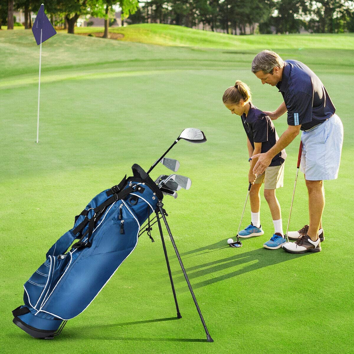 OFFICEJOY Golf Stand Bag, Portable Golf Clubs Bag w/4 Way Dividers, 4 Pockets, Adjustable Shoulder Straps, Pencil Golf Bag w/ 2 Non-Slip Stand, Lightweight Golf Bag for Men Women (Navy)