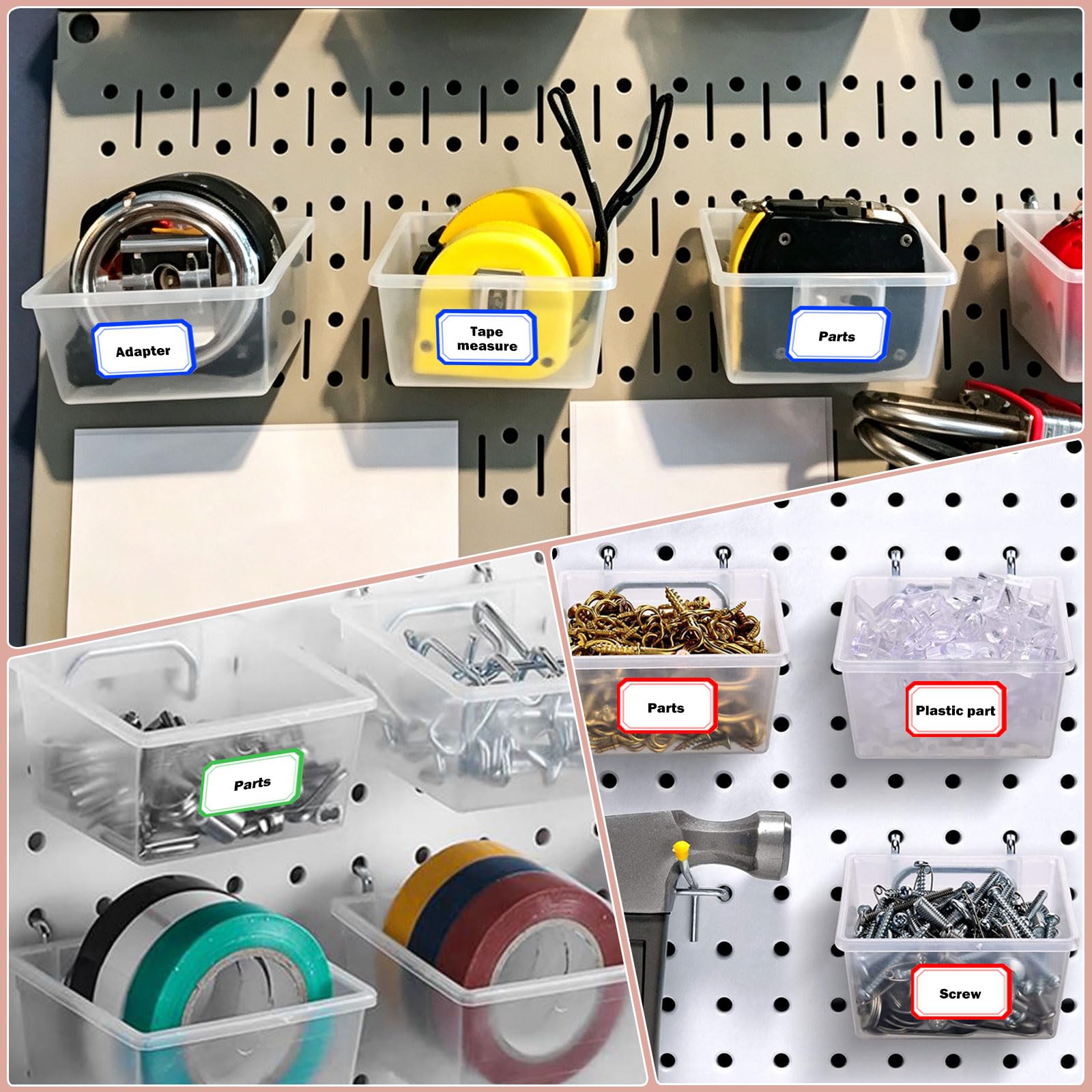 32 Pcs Kit Accessori per Pannello Forato, 16 Scatola Trasparente e 16 Ganci per Pannelli Forati, Gancio per Portautensili Pannello Porta Attrezzi da Parete Accessori per Gaming Pegboard Garage Negozio
