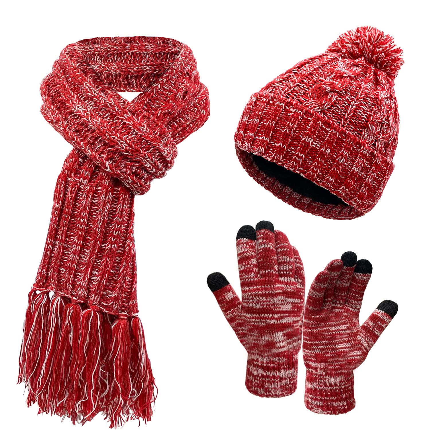 Winter Wool Fleece Knit Pom Beanie Hats, Warm Long Neck Scarf & Touchscreen Gloves Set Gifts for Women Cold Weather Gear