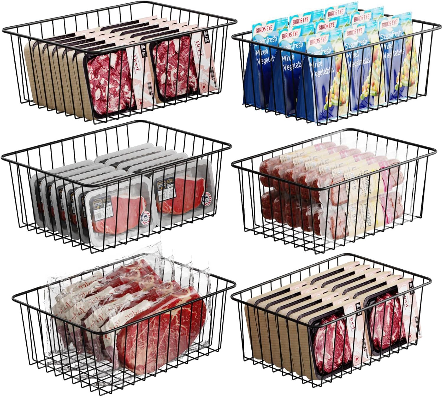 A set of six wire baskets for freezer organization.