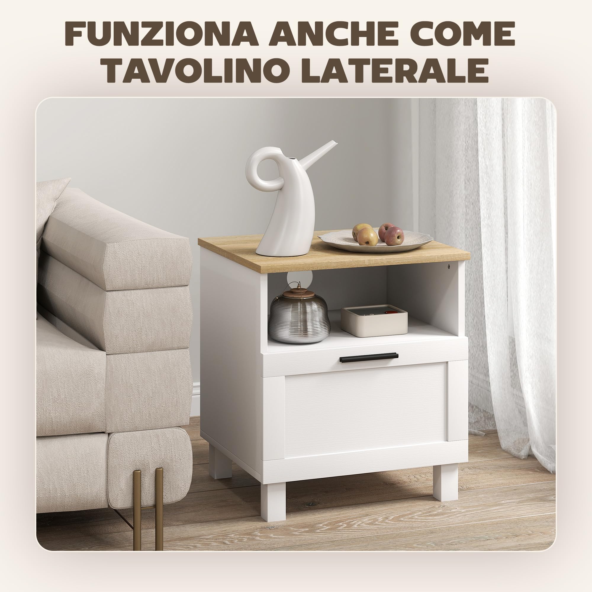 HOMCOM Comodino Camera da Letto con Cassetto e Ripiano Aperto Portaoggetti, Comodino Moderno Salvaspazio con Gambe in Legno di Pino, 45x38x50 cm, Bianco