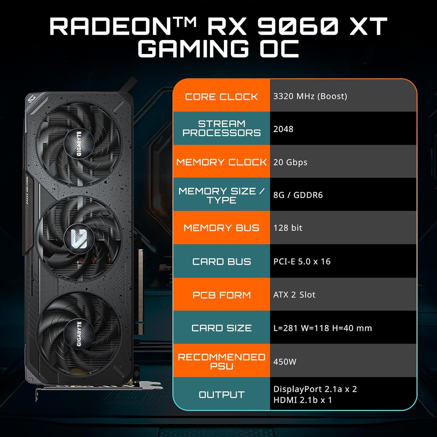 GIGABYTE Radeon RX 9060 XT Gaming OC 8G Graphics Card, PCIe 5.0, 8GB GDDR6, GV-R9060XTGAMING OC-8GD Video Card