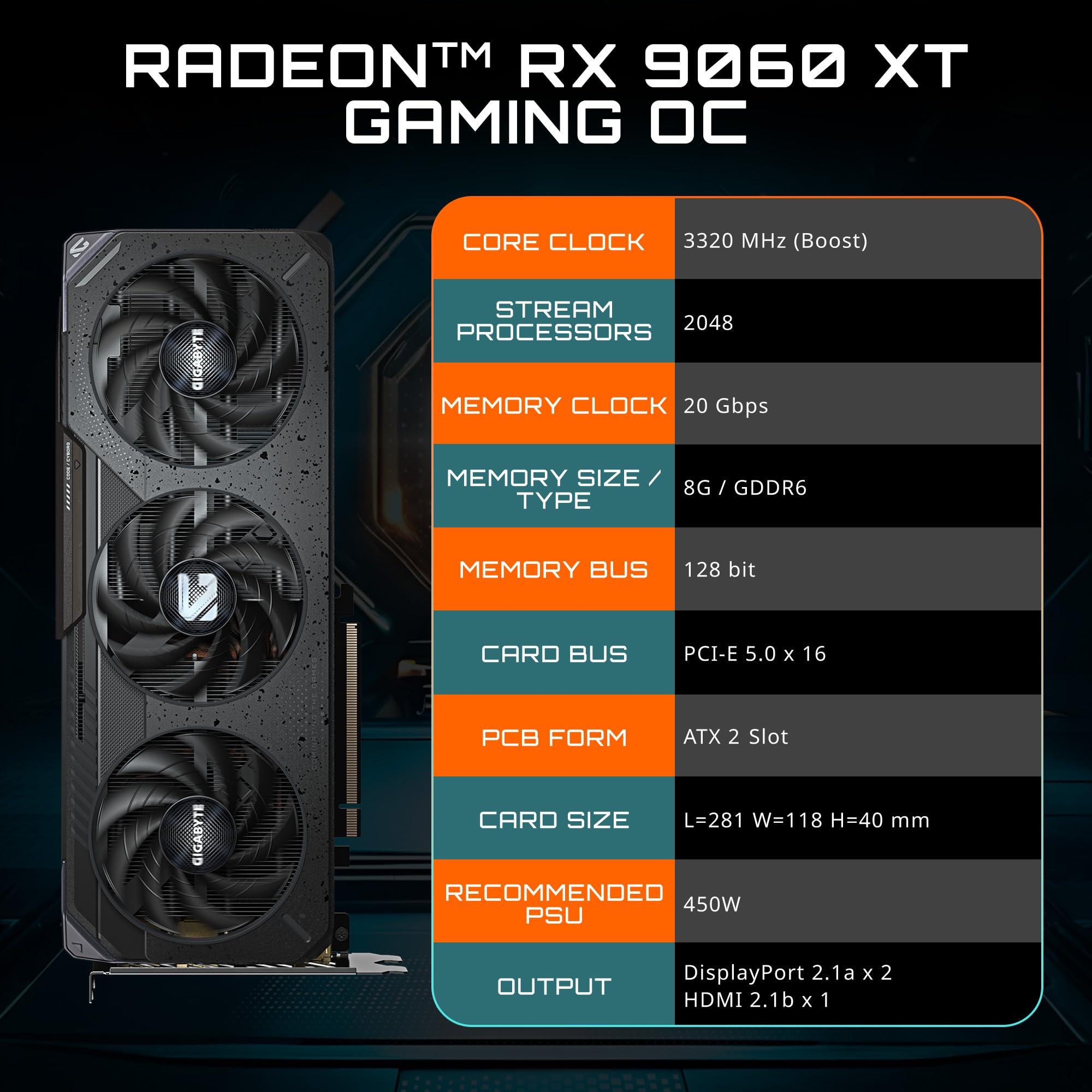GIGABYTE Radeon RX 9060 XT Gaming OC 8G Tarjeta gráfica, PCIe 5.0, 8GB GDDR6, GV-R9060XTGAMING OC-8GD Tarjeta de Video