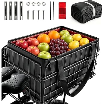 Bicycle Basket Rear Pannier Rack Basket Foldable Large Pannier Rack Basket Removable with Removable Inner Pocket and Rain Cover Bicycle Basket for Bicycle and Electric Bicycle