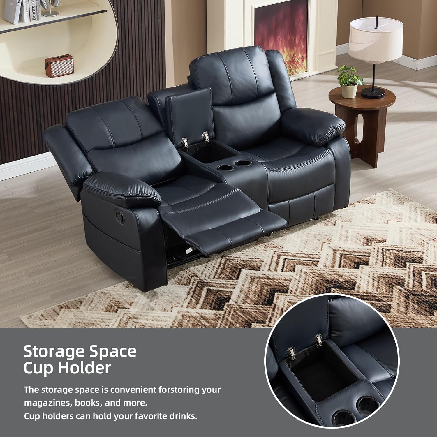 EBELLO Faux Leather Manual Reclining Loveseat, Mid-Century Modern Double Recliner Sofa with Center Console, Hidden Storage & Cup Holders, Apartment Living Room Use, Black