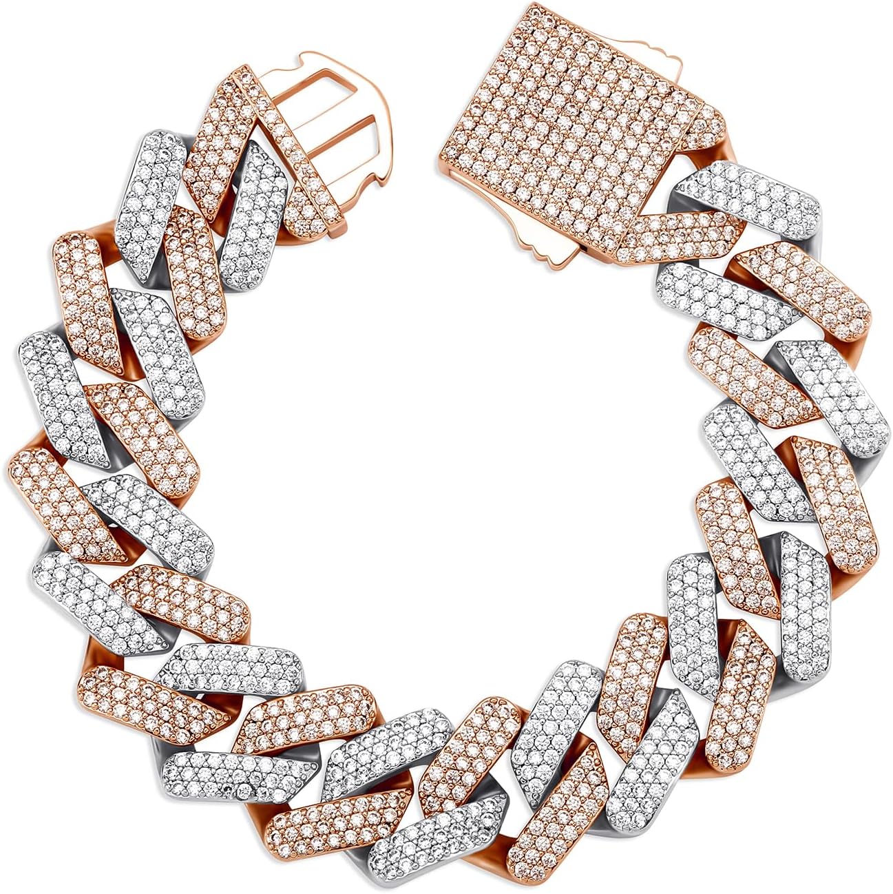 TOPGRILLZ 20mm 6 Times 14K Gold Plated Full Iced Out Prong Setting Cubic Zirconia Box Clasp Miami Cuban Link Bracelet for Men Hip Hop