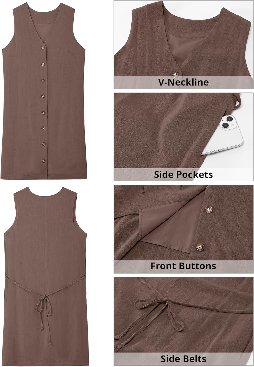 GPAPENT Linen Dresses for Women Summer Casual Sleeveless Button Down V Neck Pocket Self Tie Knee Length Loose Sun Dress - Image 9
