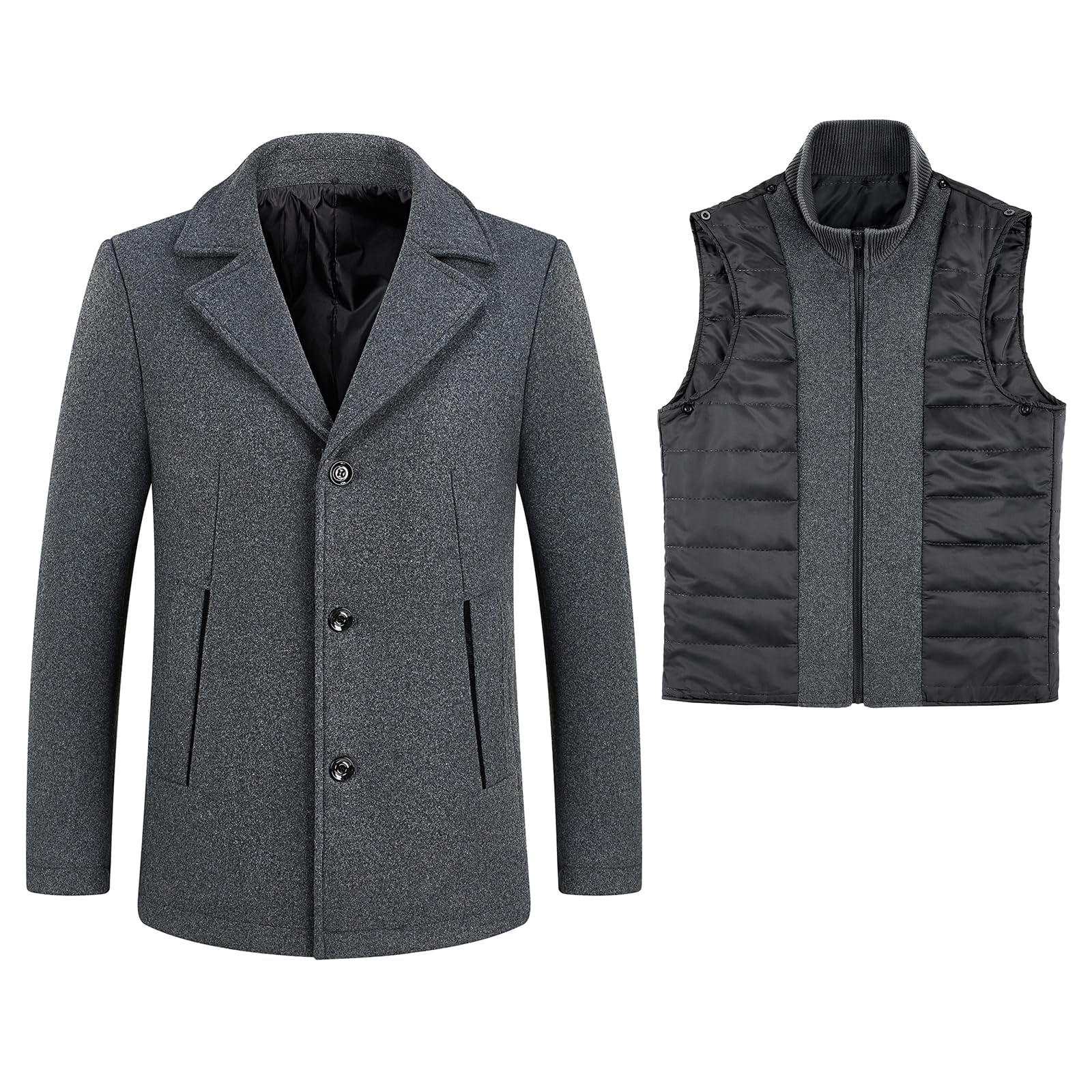 Herren Mantel und gepolsterte Weste 2-in-1 mittellanger Wintermantel | Wollmix-Mantel mit einreihigen Knöpfen, Business und Freizeit, geeignet für Büro, Pendeln und Alltag im Winter