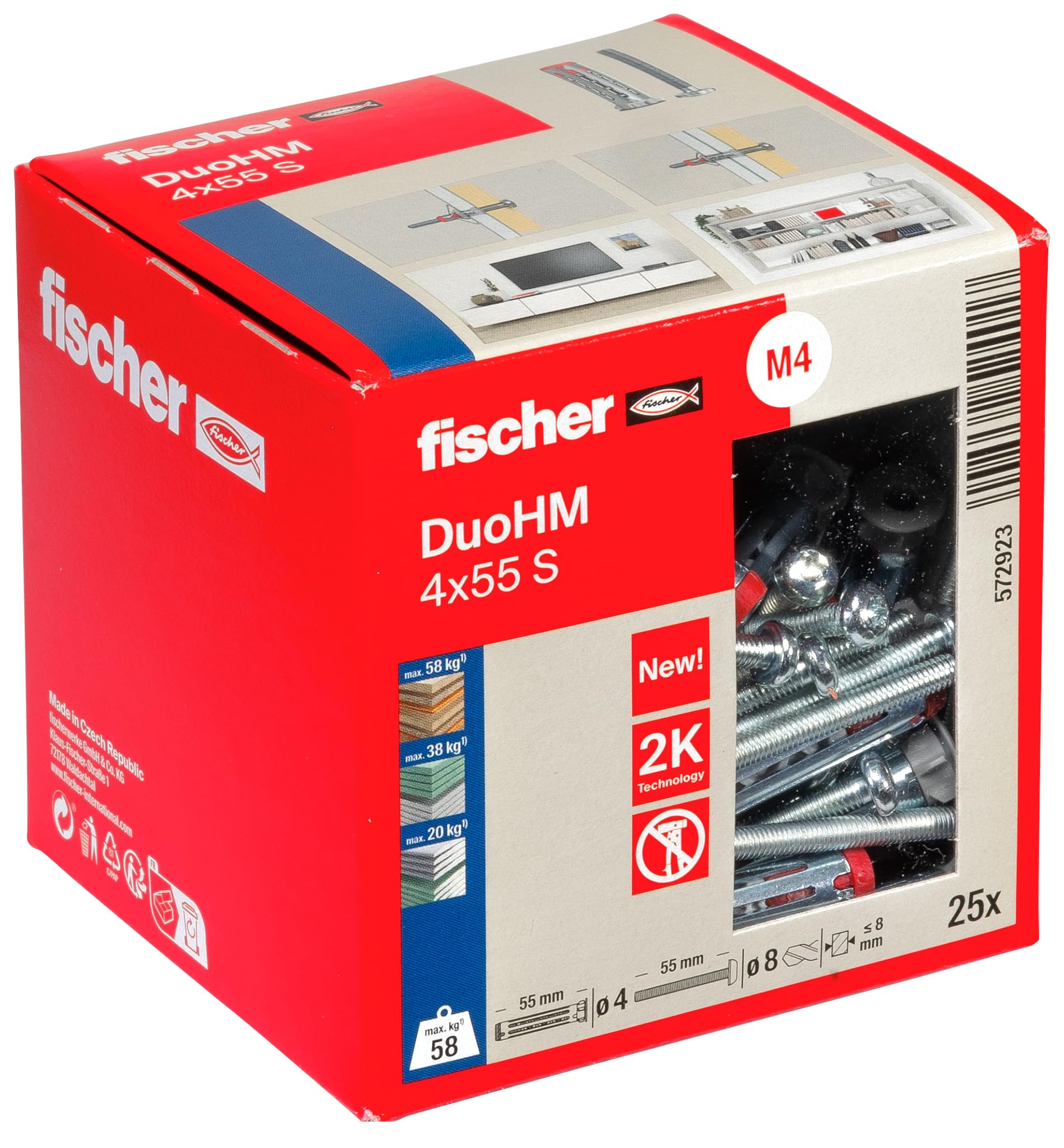 fischer DuoHM 4 x 55 S TX Cavity Dowels with Metric Panhead Screw and TX Drive for Fixing TV Brackets Lights, Wall Shelves