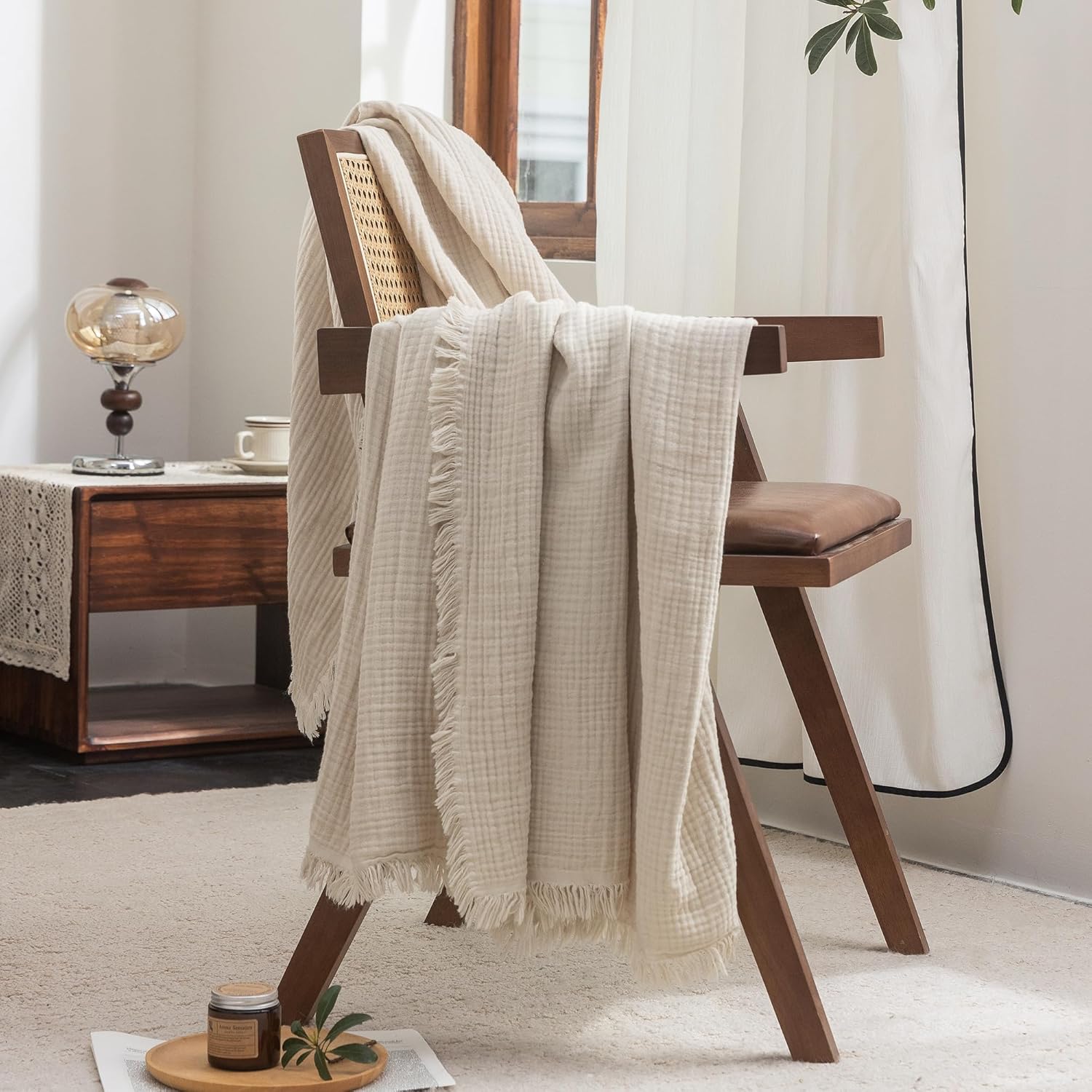 FOSSA Muslin Blanket with Fringe - 4-Layer 100% Cotton Gauze Super Soft & Breathable Throw -Lightweight Decorative Cooling Blanket for Bed, Sofa, Office (Beige, King (104" × 90")) - Image 5