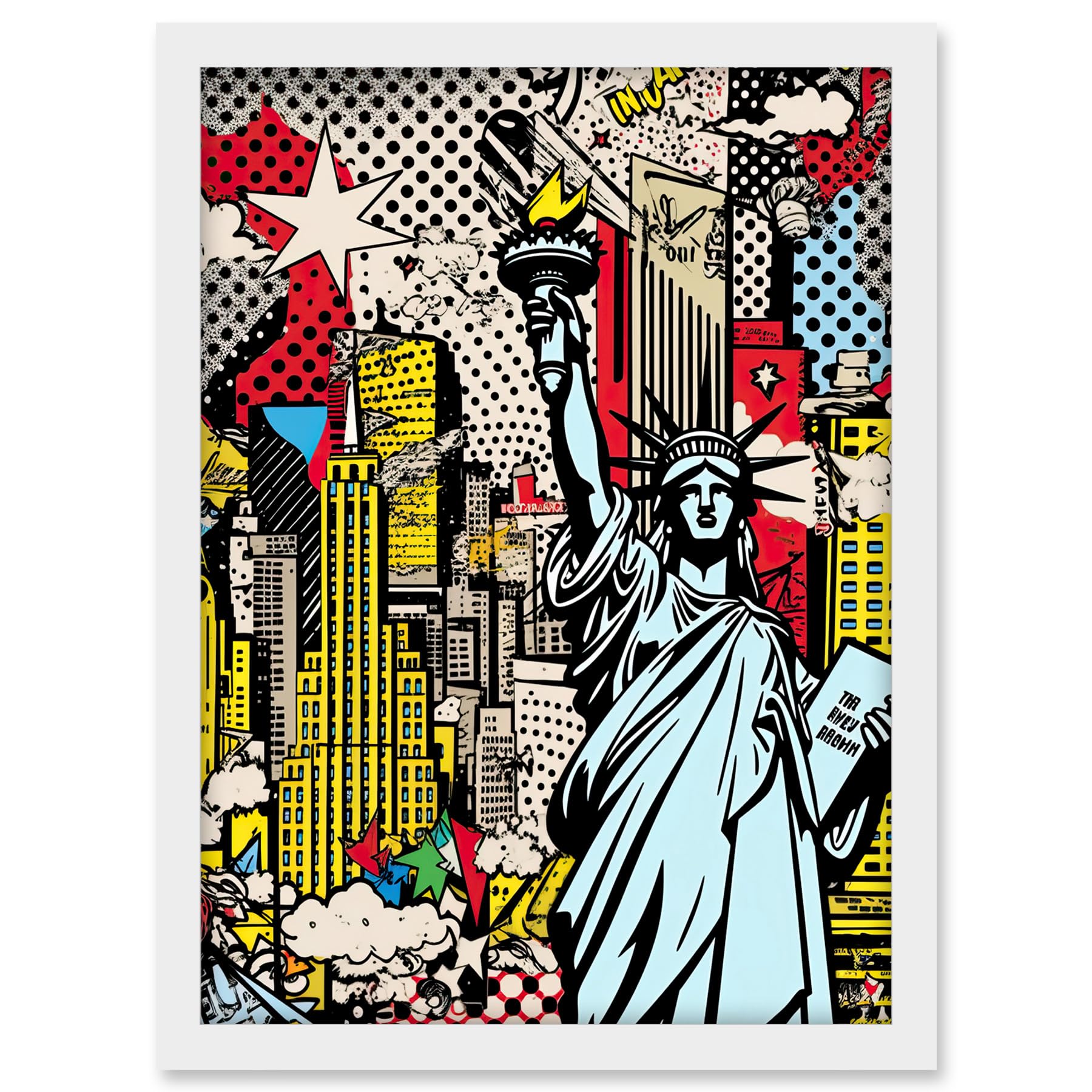 Artery8 New York City Skyline Statue of Liberty Pop Art Comic Book Style American Dream Artwork Framed A3 Wall Art Print