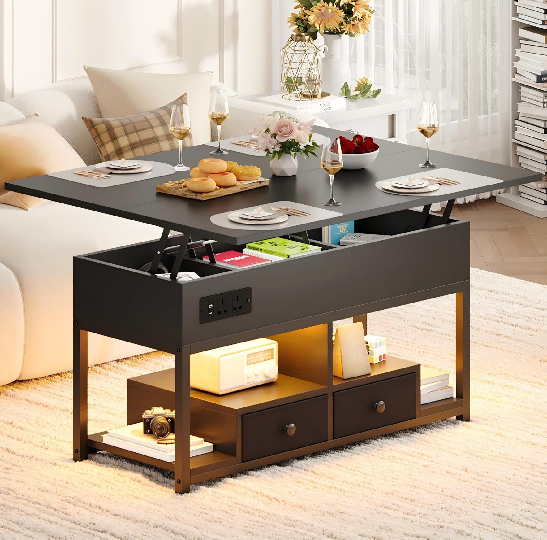 IRONCK Lift Top Coffee Table, Living Room Table with LED Lights, USB and Type-C Ports, Wooden Tea Table with Hidden Storage and 2 Drawers, Convertible Centre Table, 100×80cm, Black — image 1