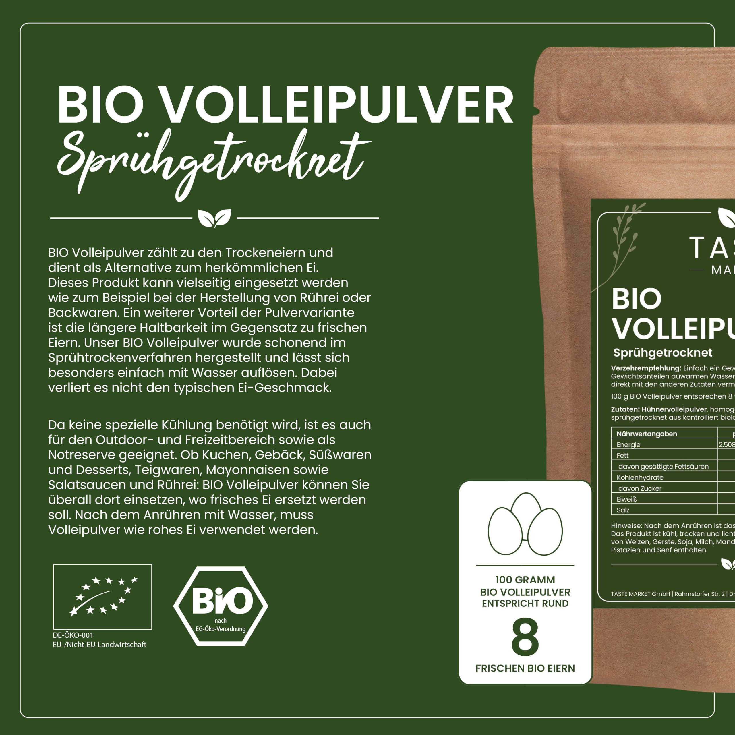 2 x 1 kg BIO Volleipulver | Rührei Kochen Backen | Ei Ersatz | Sprühgetrocknet | Vollei | TASTE MARKET