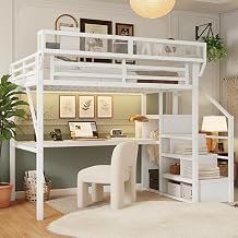 Full Loft Bed with Desk, Stairs and Charging Station, Metal High Gaming Loft Bed Full Frame with Storage Shelves, RGB Light & Closet, Heavy-Duty Beds for Adults,Teens, Kids, White