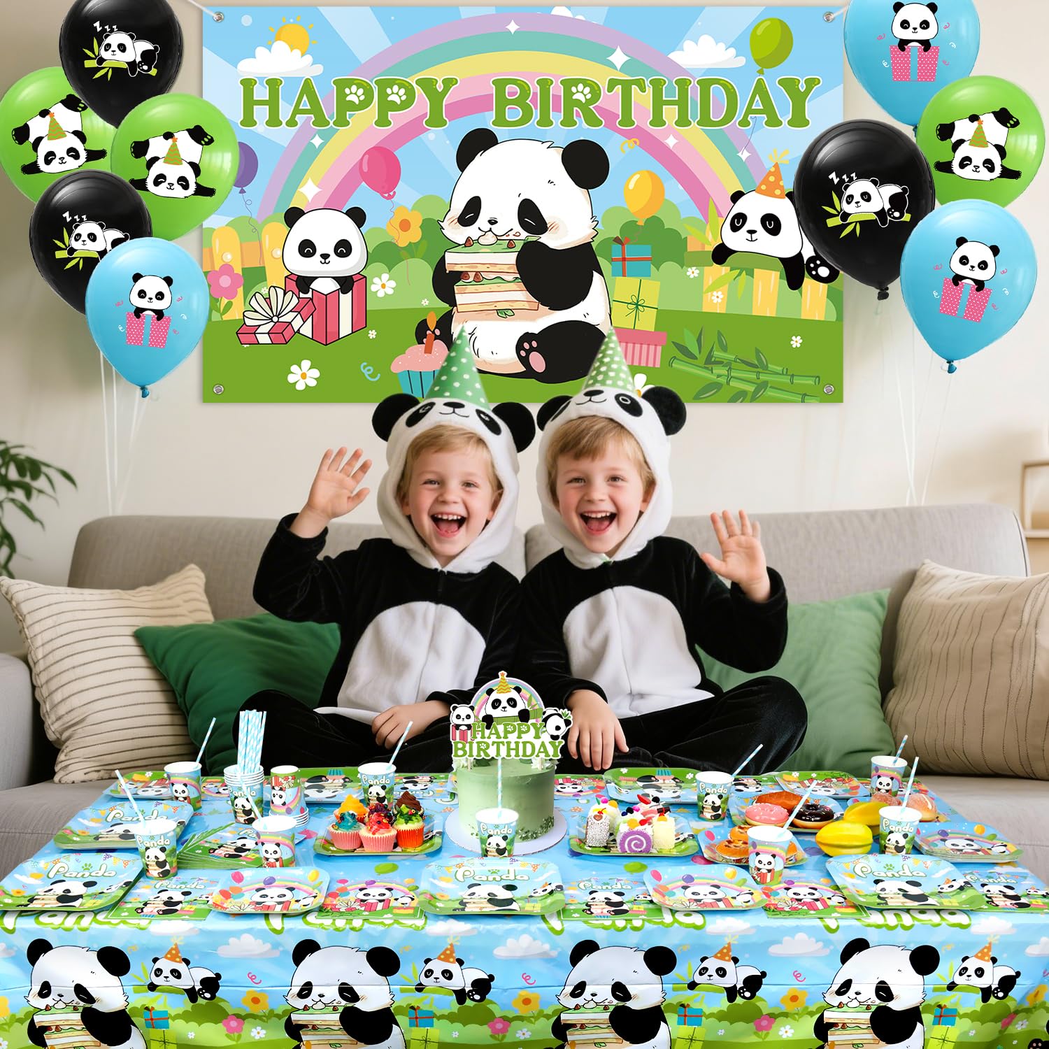 Decorazioni per feste a forma di panda, accessori per feste a forma di panda, tra cui striscione, piatto, topper per torte, bicchieri, tovaglioli, palloncini, tovaglia, per 20 persone (BJ)