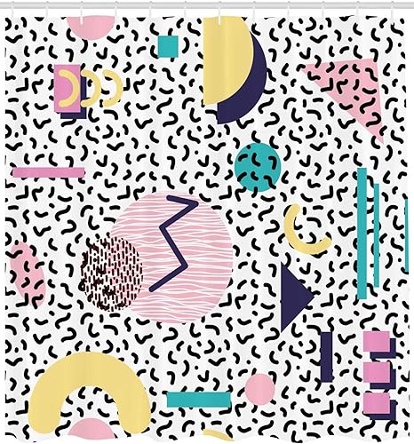 Miniatura 2 de Ambesonne Cortina de ducha de los años 90, patrón geométrico en estilo retro, redonda, media luna, formas triangulares, arte de tela, juego de